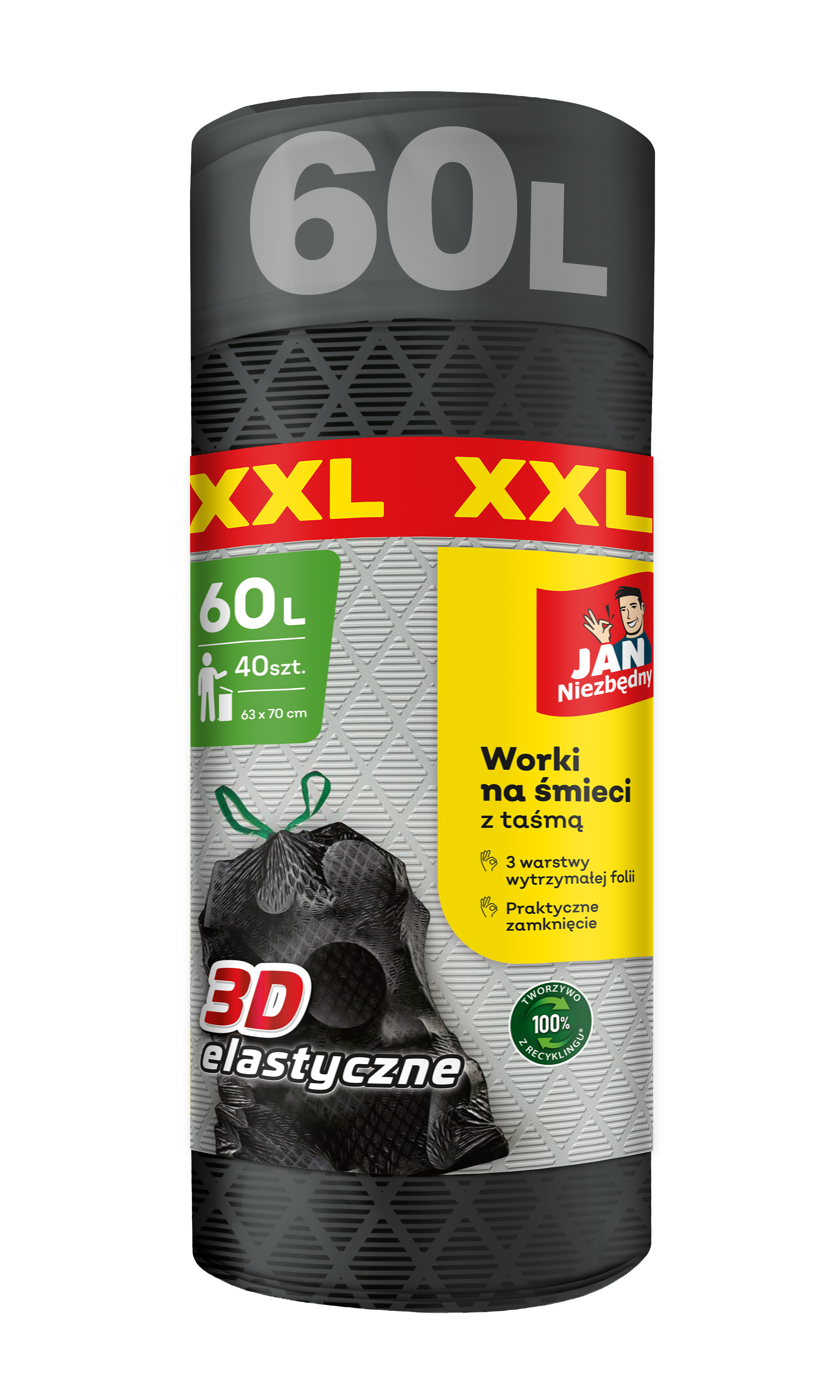 Worki na śmieci XXL z taśmą elastyczne 60 l 40 szt. Jan Niezbędny