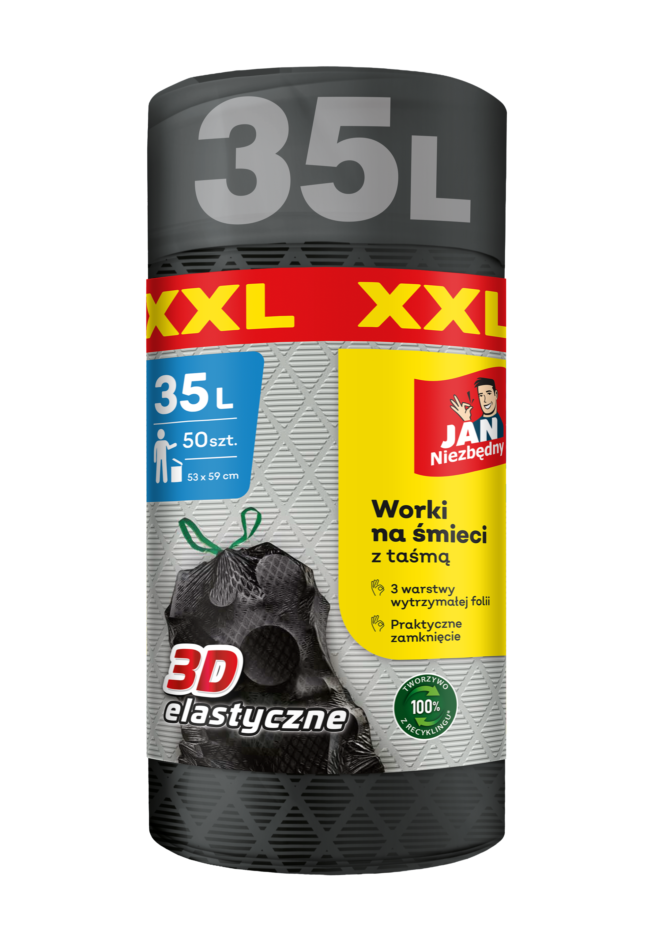 Worki na śmieci XXL z taśmą elastyczne 35 l 50 szt. Jan Niezbędny