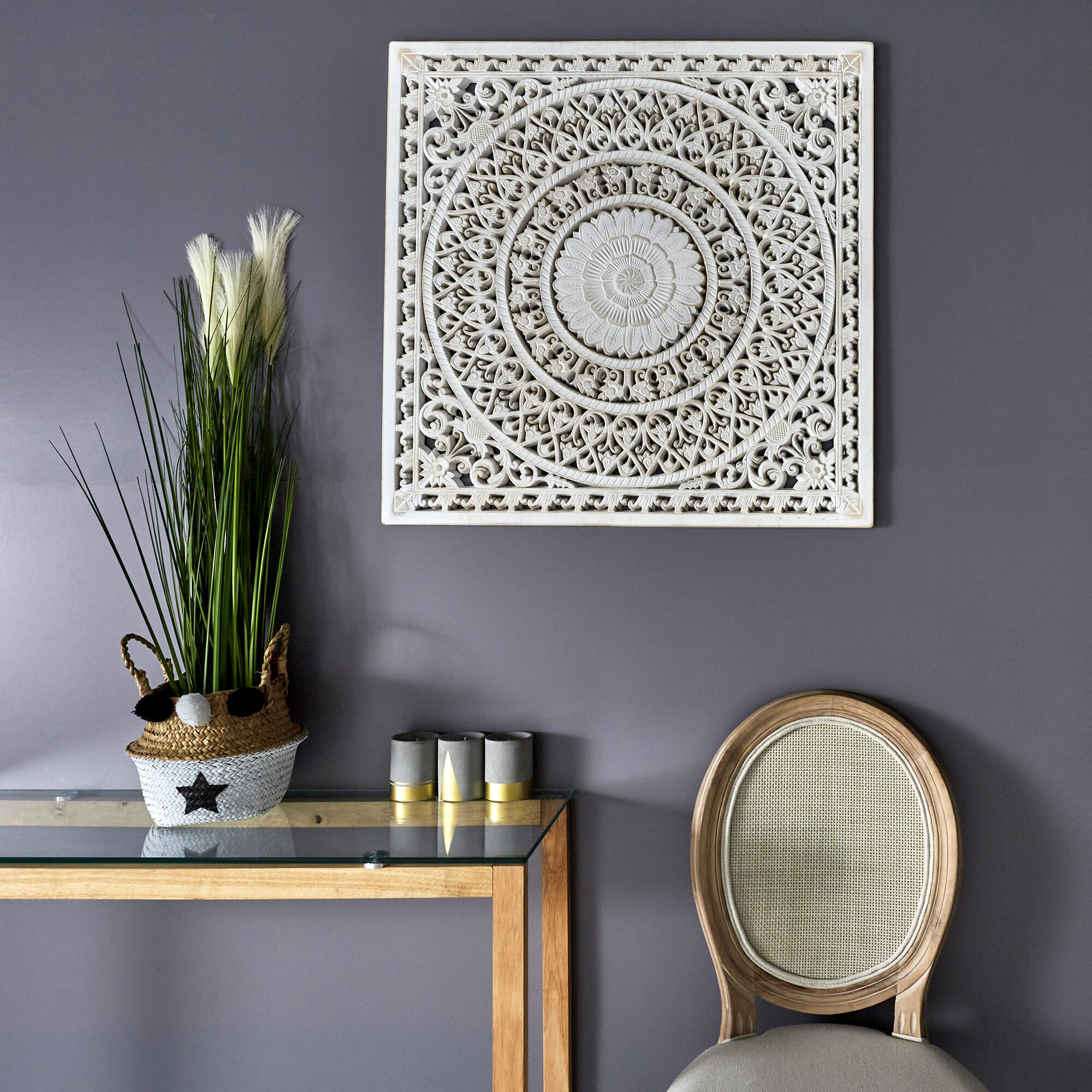 Objeto decorativo sin marco geométrico cuadrado de 80 x 80 cm. mdf mandala india blanco