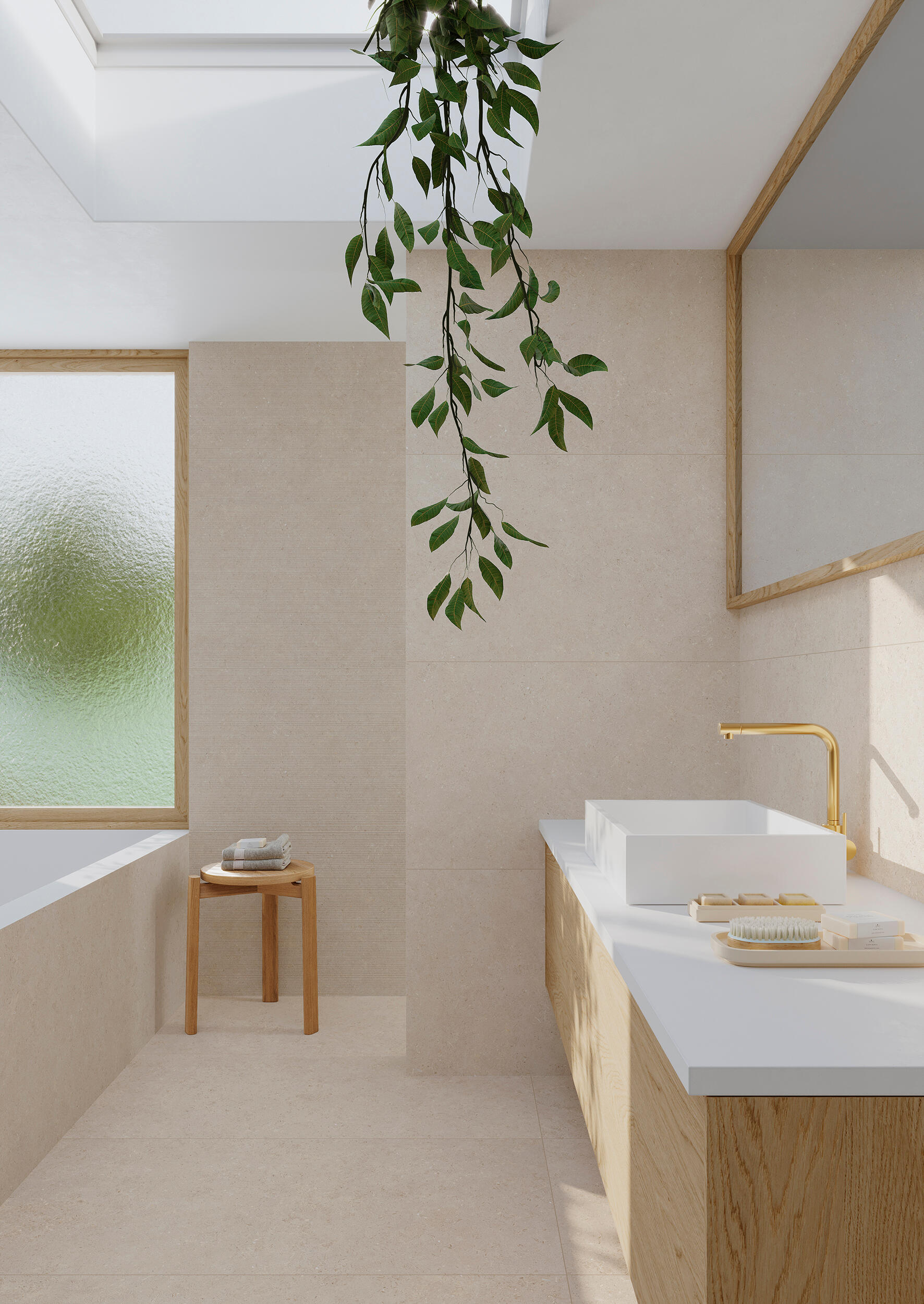 Suelo/azulejo piscina porcelánico moonstone efecto piedra beige, crema 32x62.5 cm c1 gaya fores