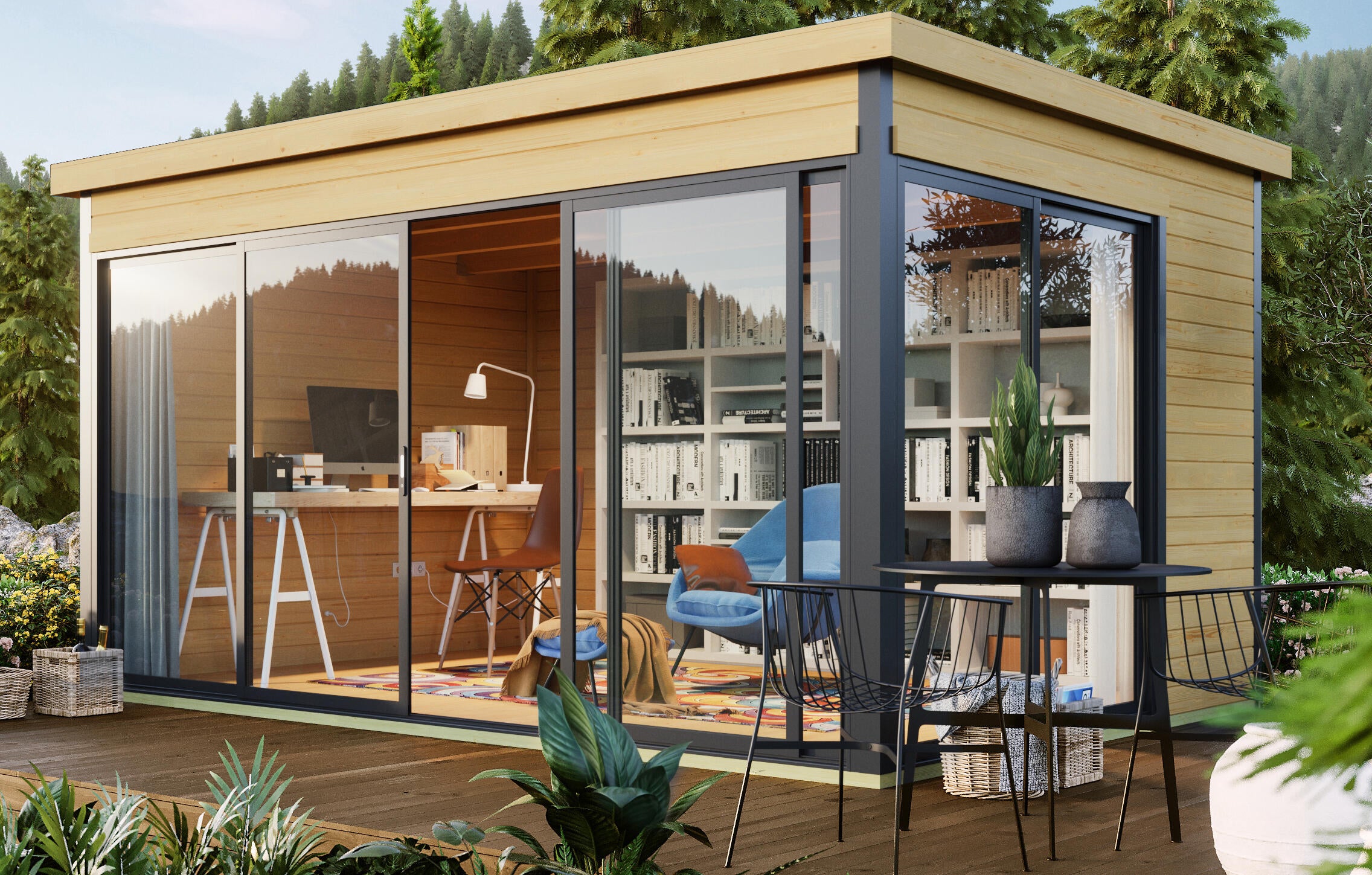 Estudio de jardín de madera DOMEO 4 de 438x239x342 cm y 15 m2 con 44 mm espesor y doble puerta corredera LASITA MAJA - 3