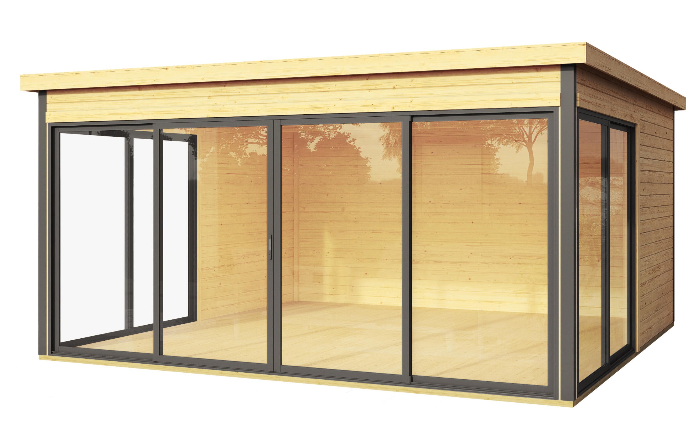 estudio de jardin de madera domeo 5 de 438x239x438 cm y 19 m2 con 44 mm espesor y doble puerta corredera lasita maja