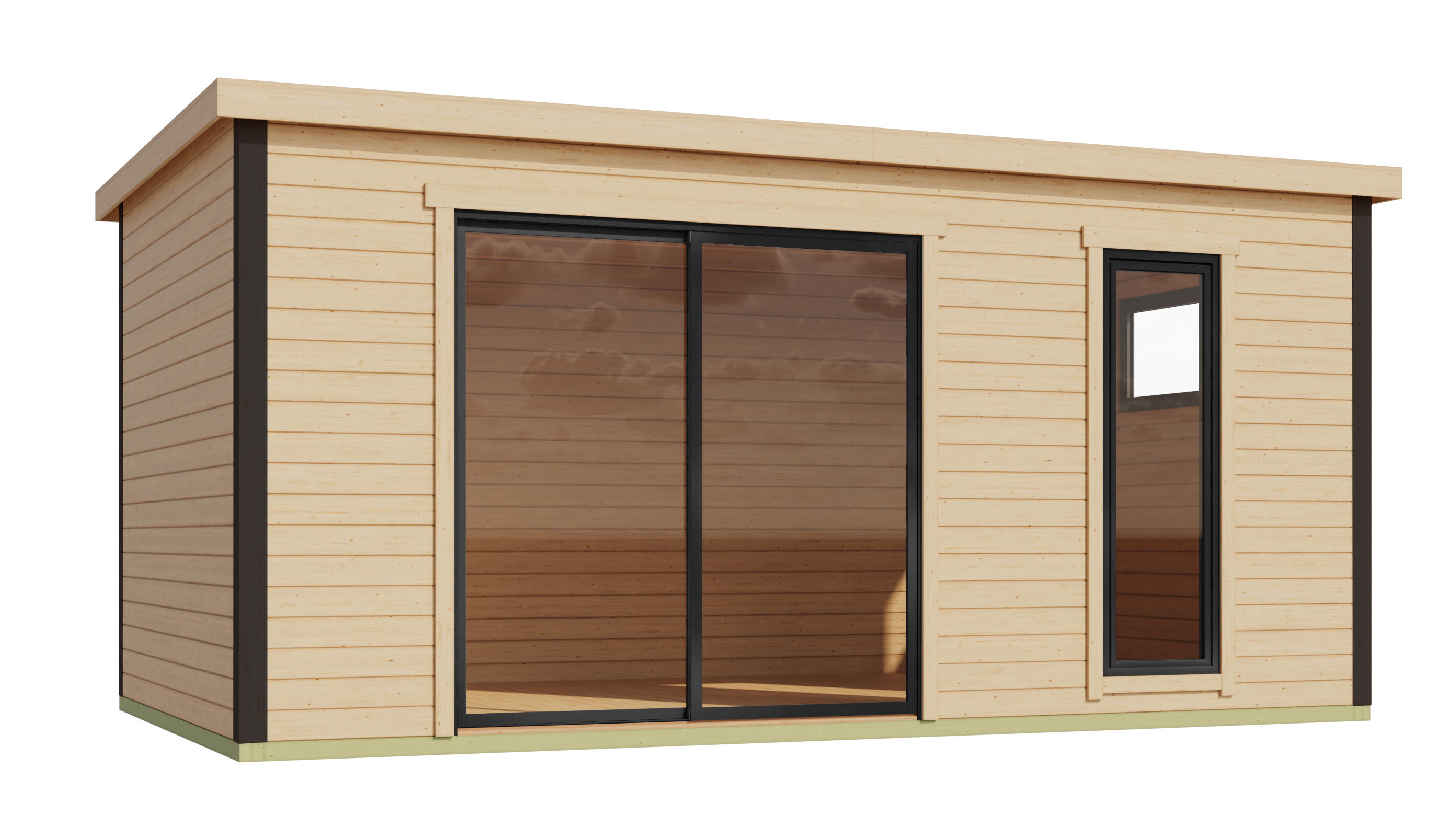 estudio de jardin de madera austin 7 de 525x239x315 cm y 17 m2 con 44 mm espesor y doble puerta corredera lasita maja