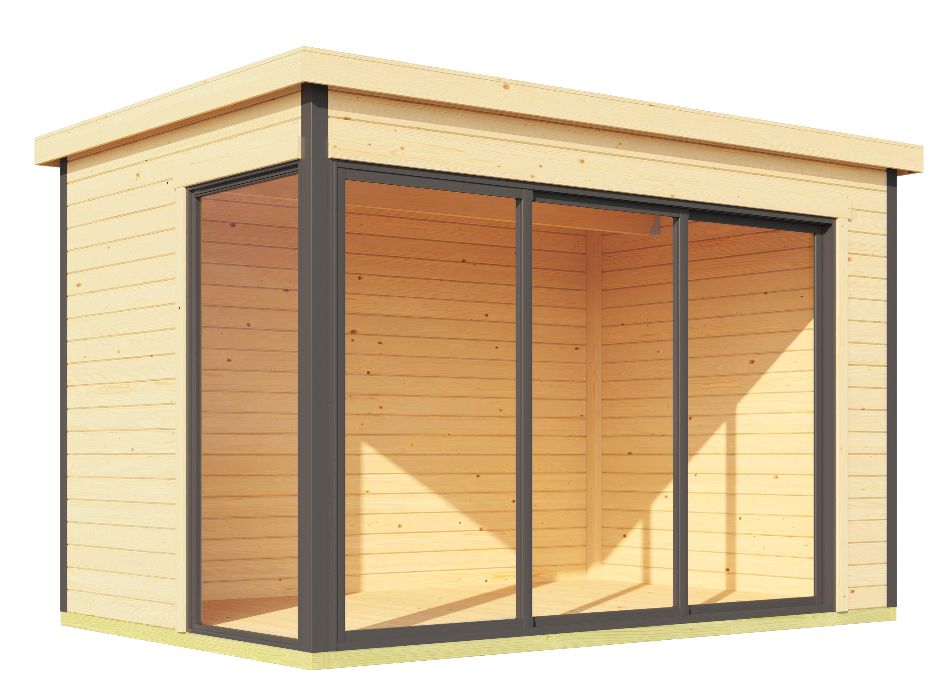 Estudio de jardín de madera austin 6 de 440x239x320 cm y 14 m2 con 44 mm espesor y doble puerta corredera lasita maja