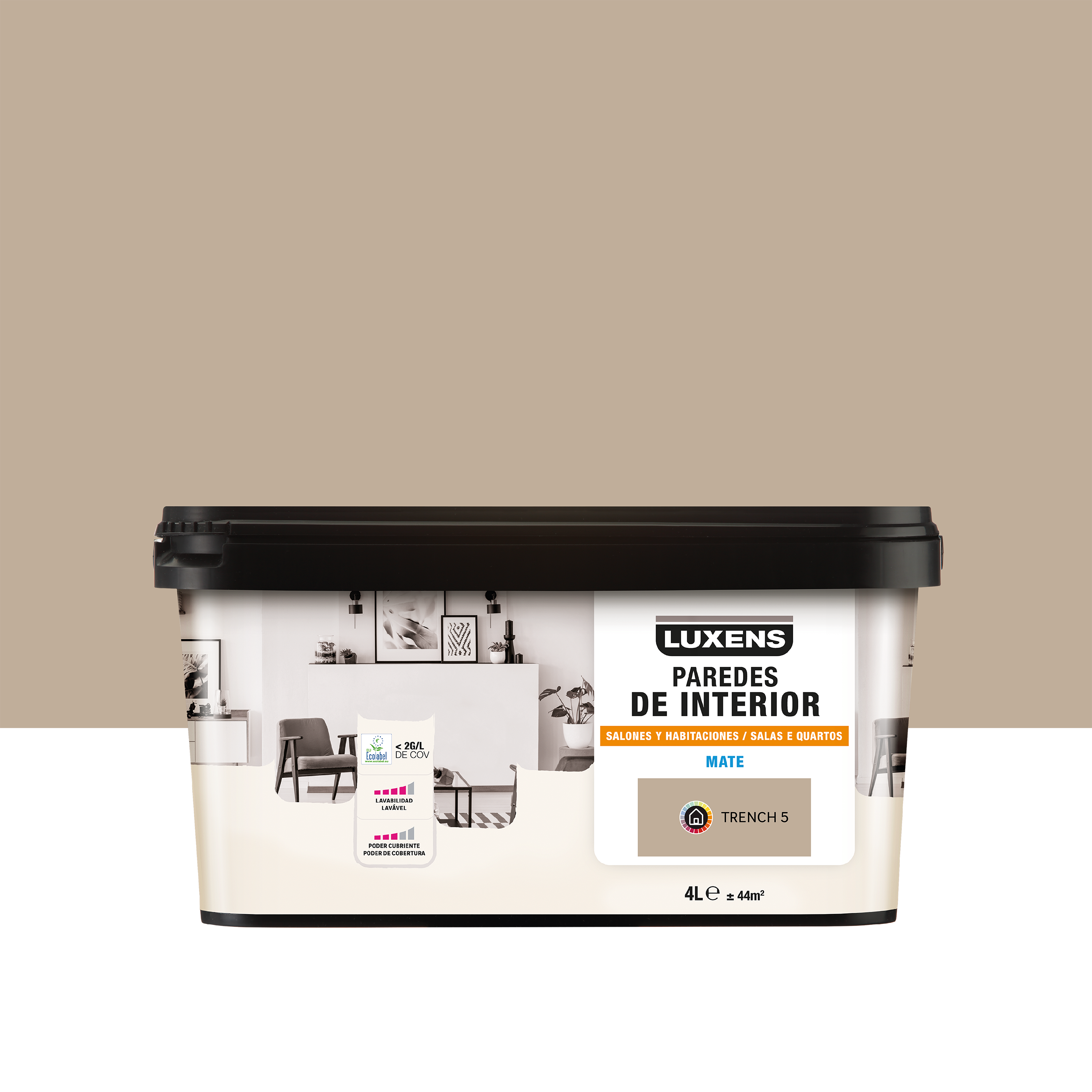 Pintura de interior salones y habitaciones luxens color trench 5 mate 4l para paredes y techos