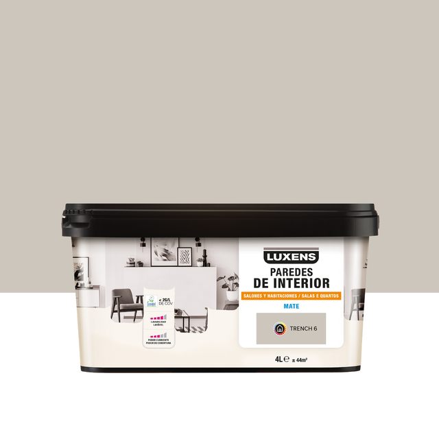 Pintura de interior salones y habitaciones LUXENS color trench 6 mate 4L para paredes y techos