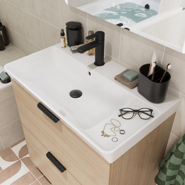 Mobile da bagno sospeso sotto lavabo L 70 x H 81.8 x P 39.6 cm rovere chiaro laccato opaco, 2 cassetti SENSEA Easy