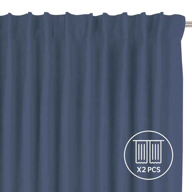 Set 2 Cortinas cinta frunce, trabilla oculta Lenaya 100% lino INSPIRE de 200x280cm. Incluye cinta termoadhesiva azul denim liso