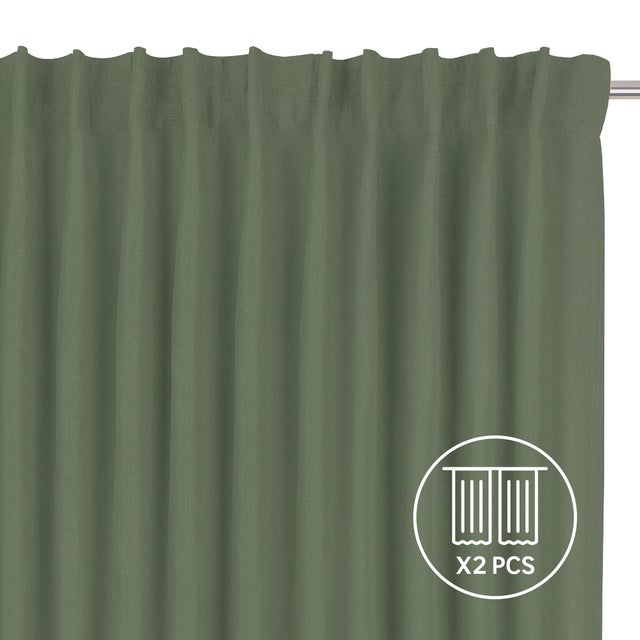 Set 2 Cortinas cinta frunce, trabilla oculta Lenaya 100% lino INSPIRE de 200x280cm. Incluye cinta termoadhesiva liso verde