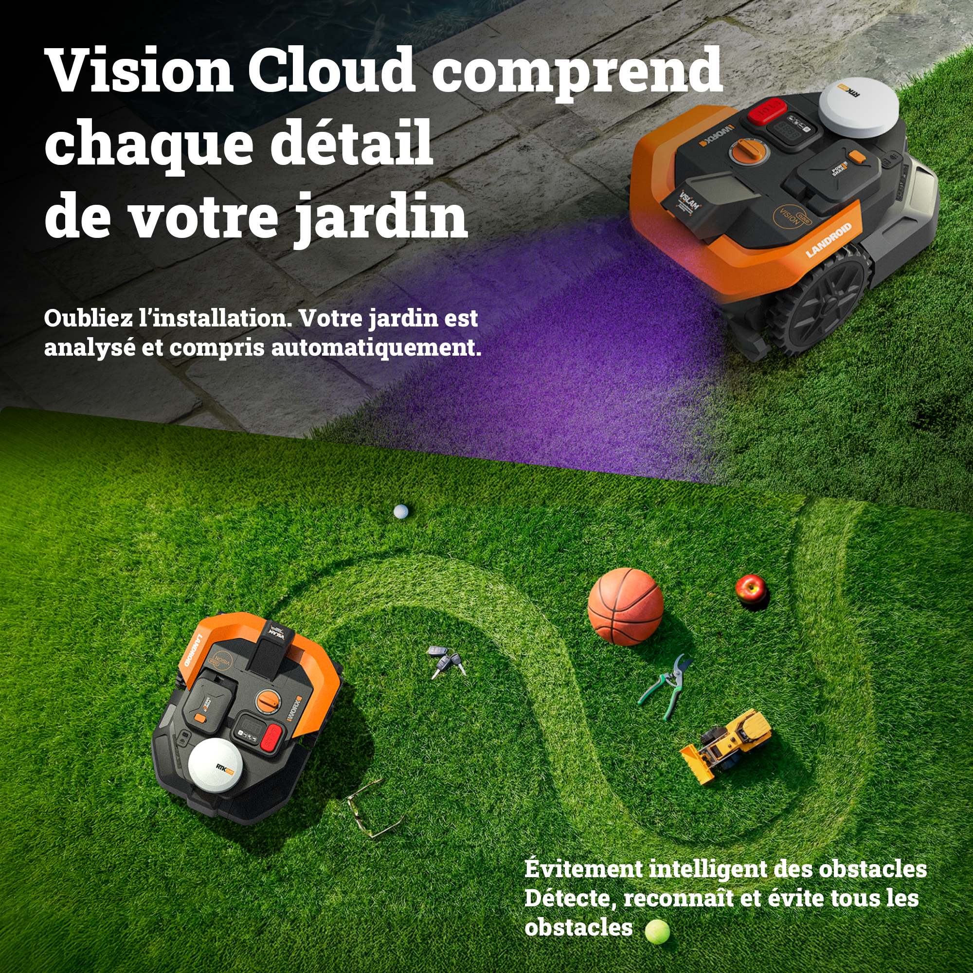 Robot tondeuse connecté sans fil WORX VISION CLOUD 2WD - Jusqu'à 500m² - WR305E - 2