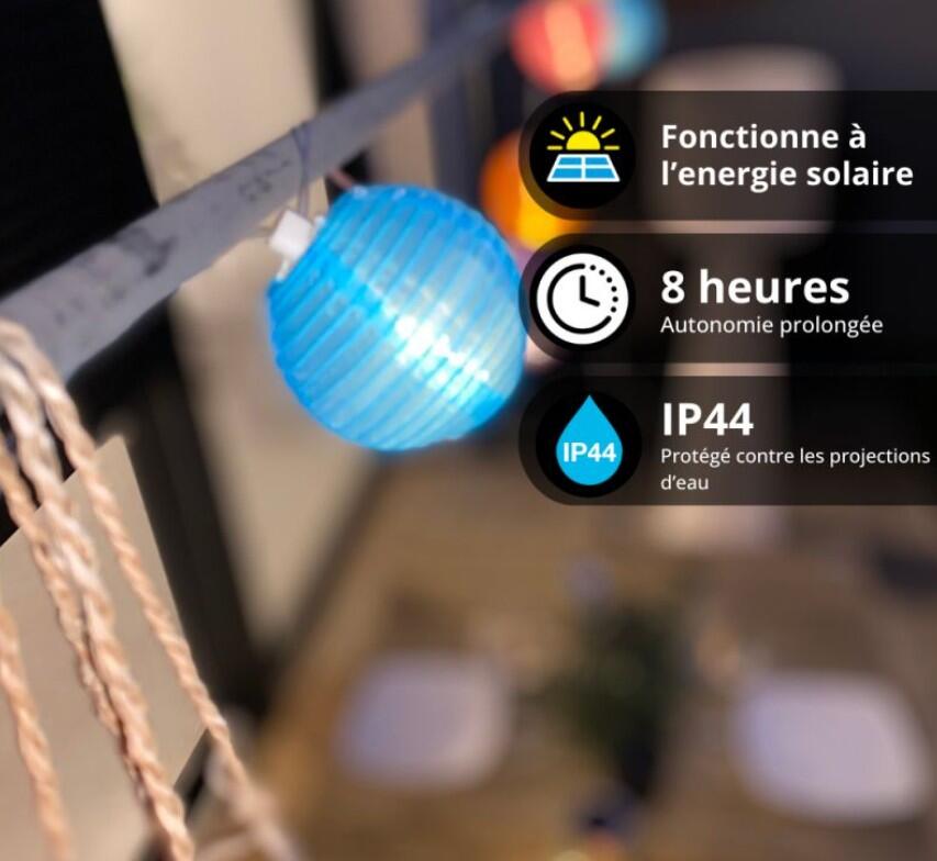 Guirlande solaire 5 mètres 8 boules multicolores, blanc chaud - 6