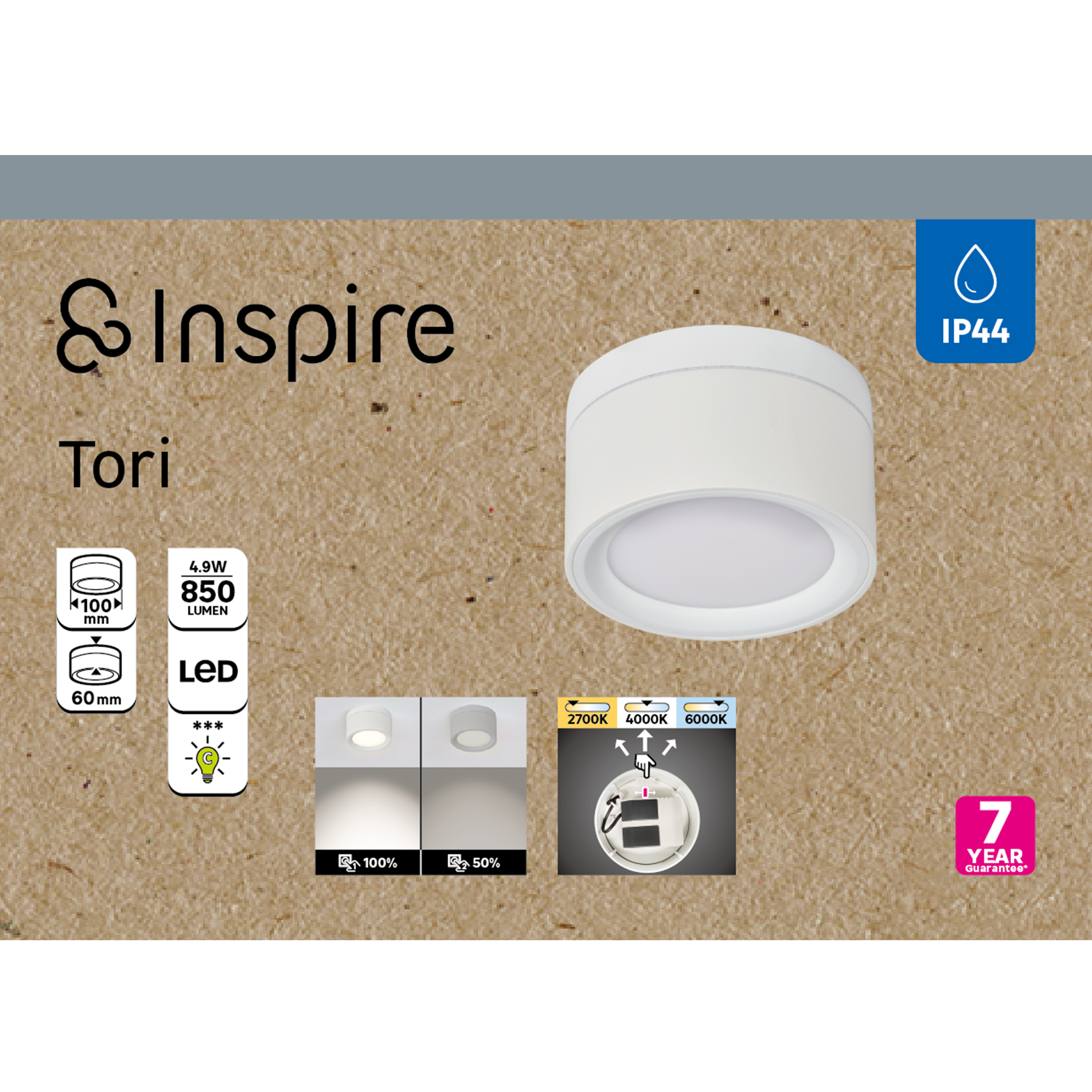 Oprawa natynkowa Tori LED 850 lm 4.9W barwa ciepła, neutralna, zimna 10 cm biała IP44 Inspire - 10