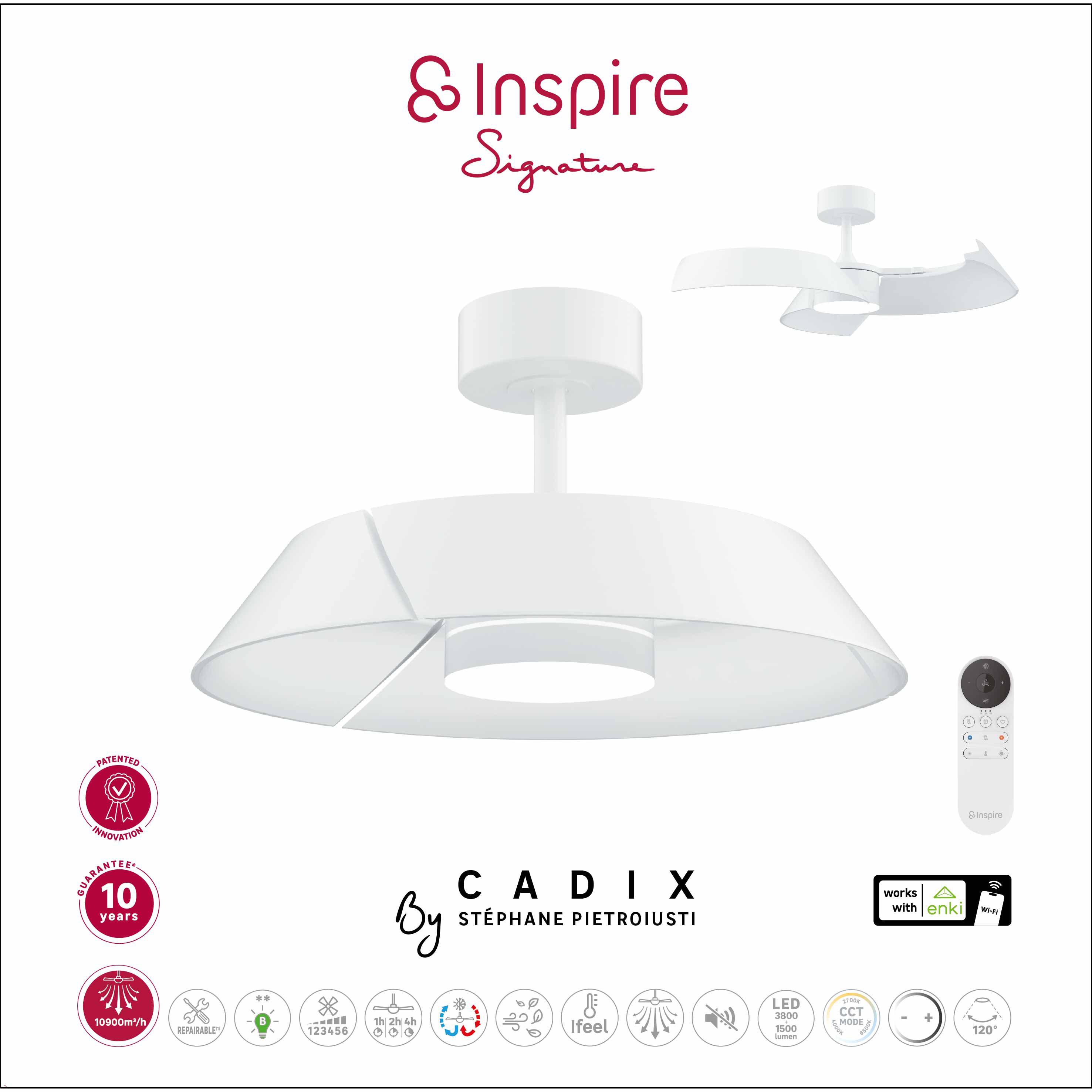 Lampowentylator Cadix z wysuwanymi łopatkami i pilotem LED 5300 lm 57W biały Inspire - 19