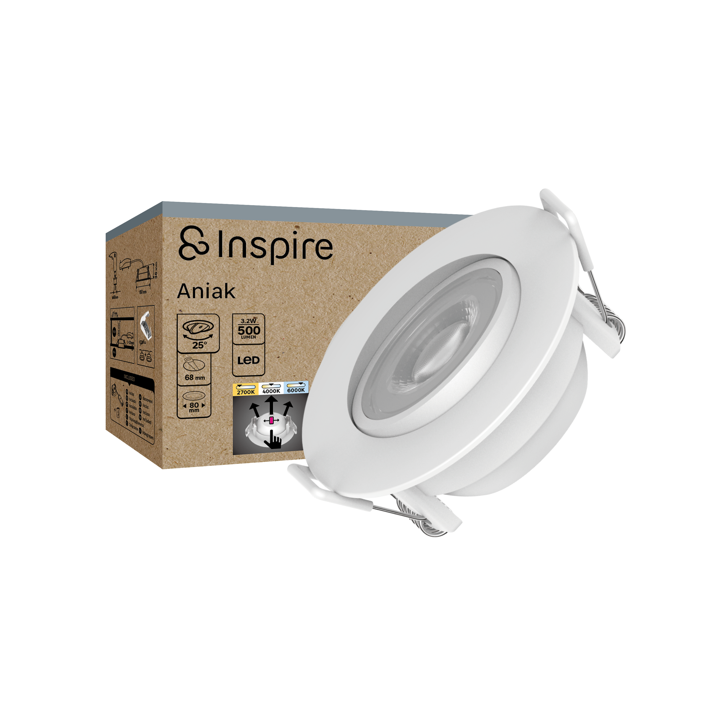Oprawa stropowa oczko Aniak LED 500 lm 3.2 W barwa ciepła, neutralna, zimna 8 cm biała Inspire