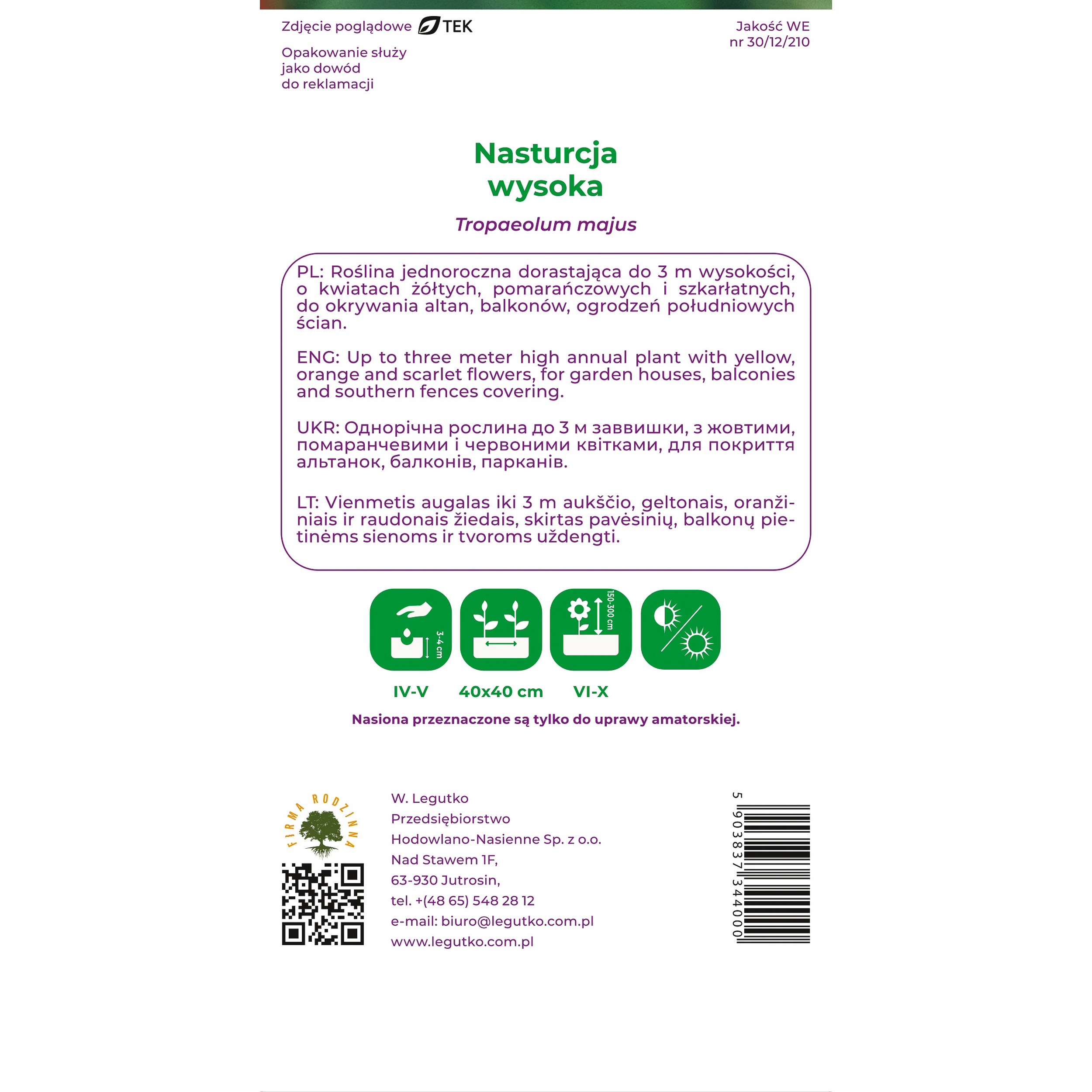 Nasturcja wysoka Tropaeolum majus nasiona kwiatów W.Legutko