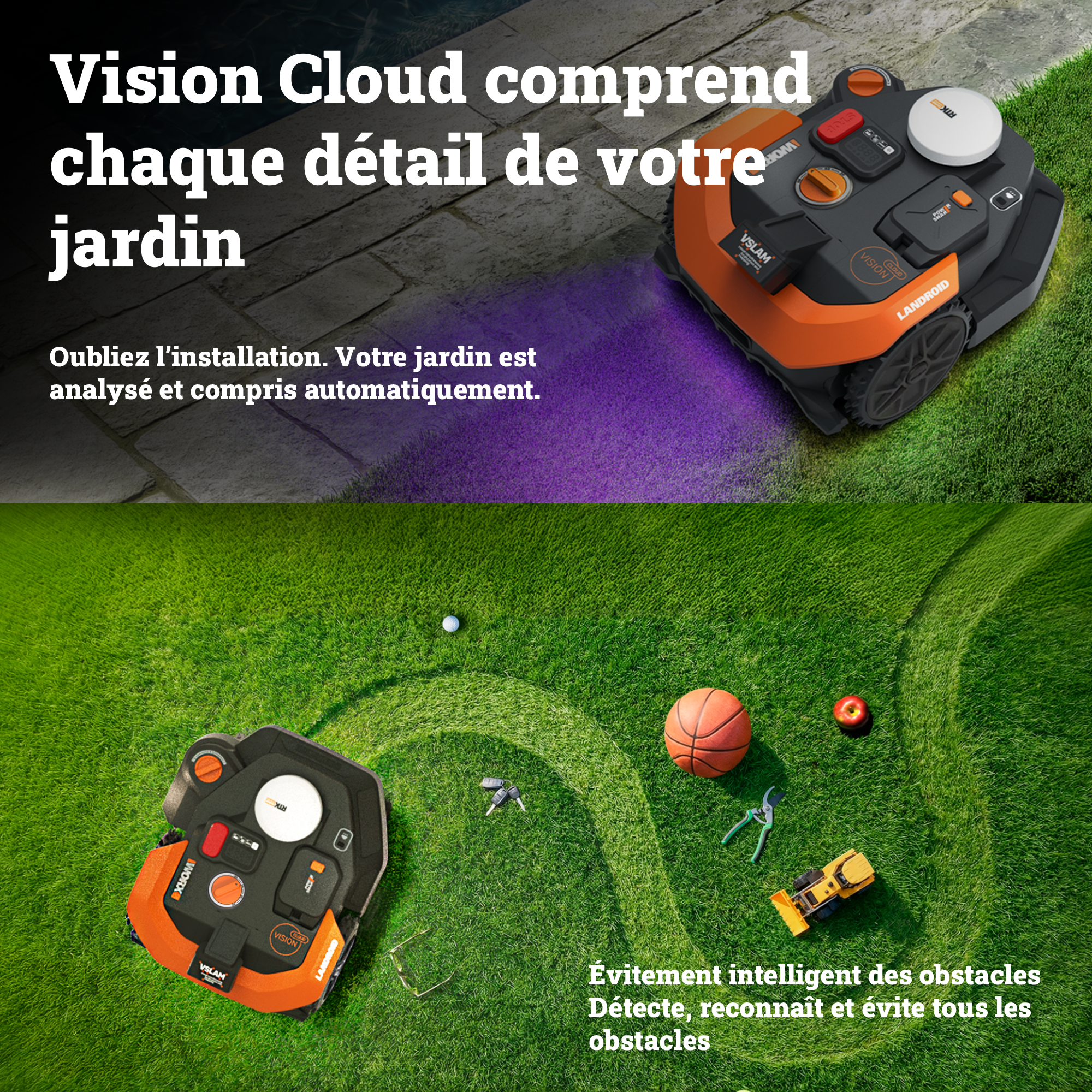 Robot tondeuse connecté sans fil WORX VISION CLOUD 2WD - Jusqu'à 1200m² - WR312E - 2