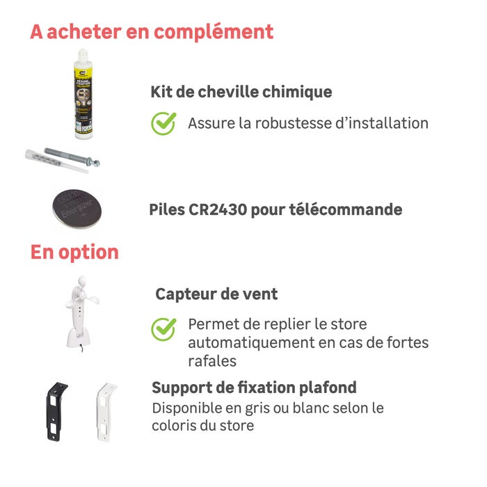 liste de produit complémentaire pour l'installation d'un store banne Zefir II