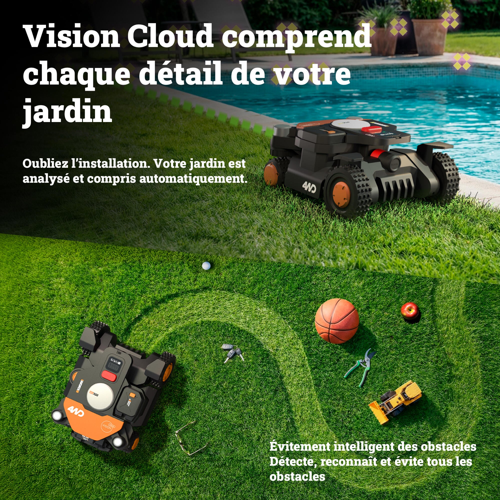 Robot tondeuse connecté WORX VISION CLOUD 4WD - Jusqu'à 4000m² - WR344E - 2