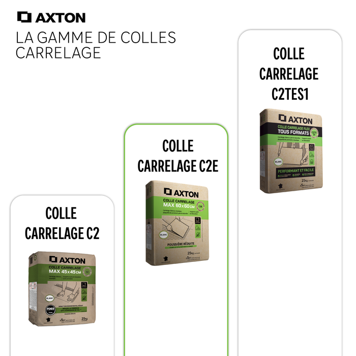 La gamme colle de chez AXTON : la colle carrelage C2, la colle carrelage C2E et la colle carrelage C2TES1