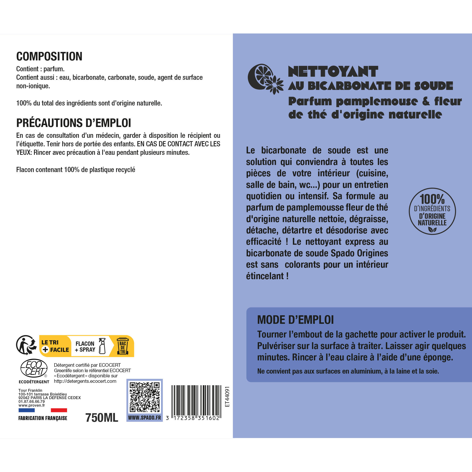 Nettoyant bicarbonate de soude liquide 750 ml - SPADO - 2