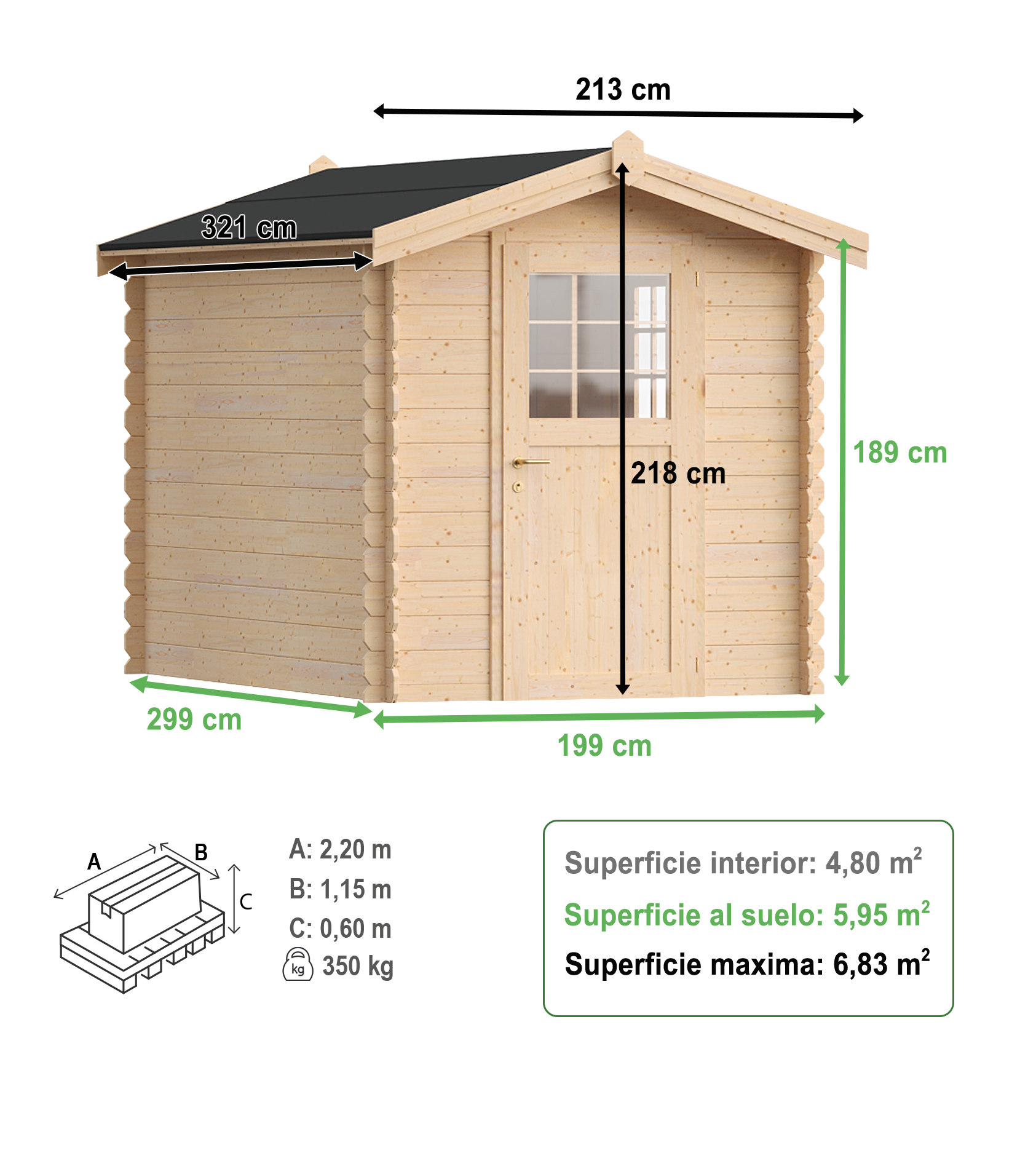 caseta de madera pisa de 213x218x321 cm y 589 m2 con 25 mm espesor y puerta abatible toscana garden