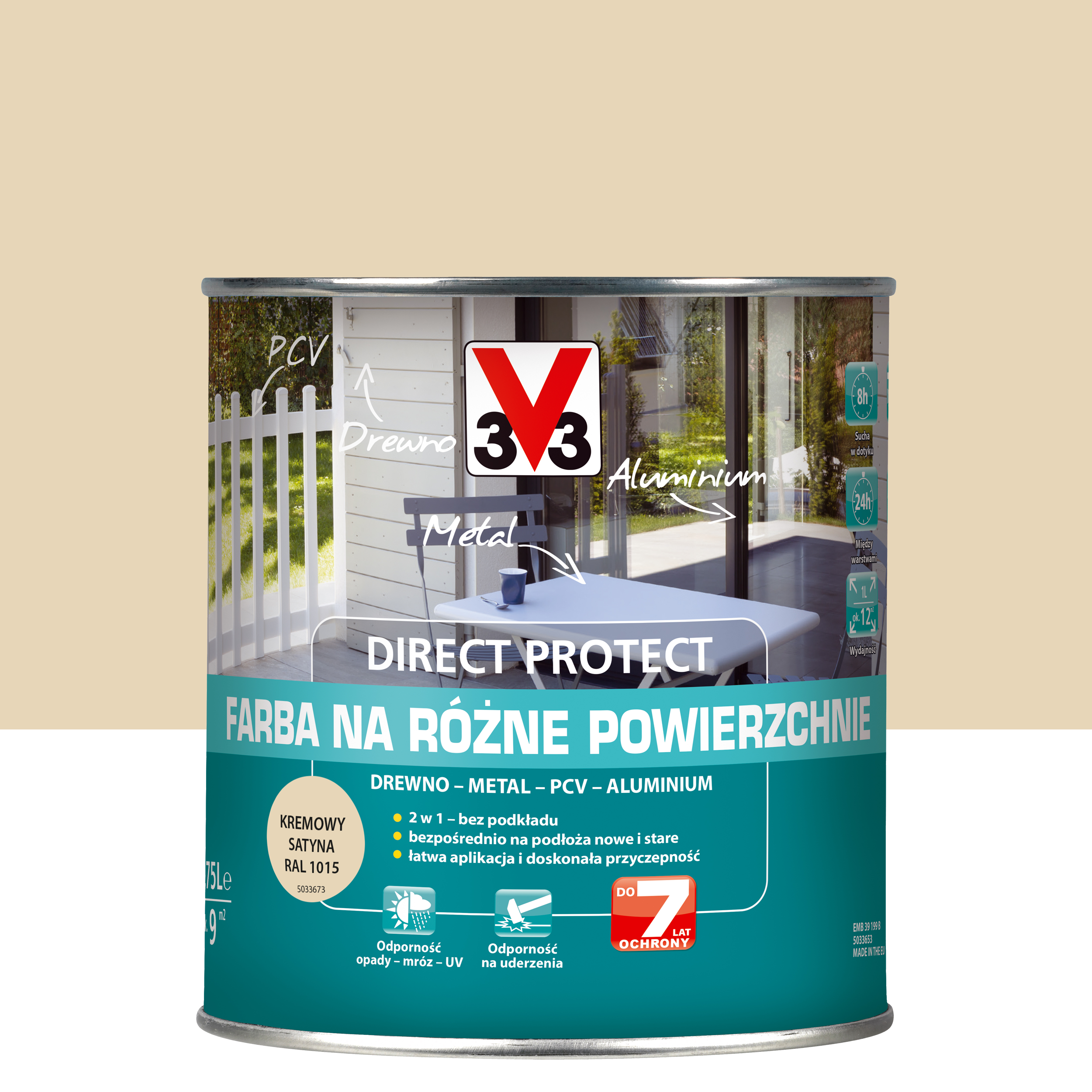 Farba zewnętrzna na różne powierzchnie kremowa 0.75l Direct Protect 3V3