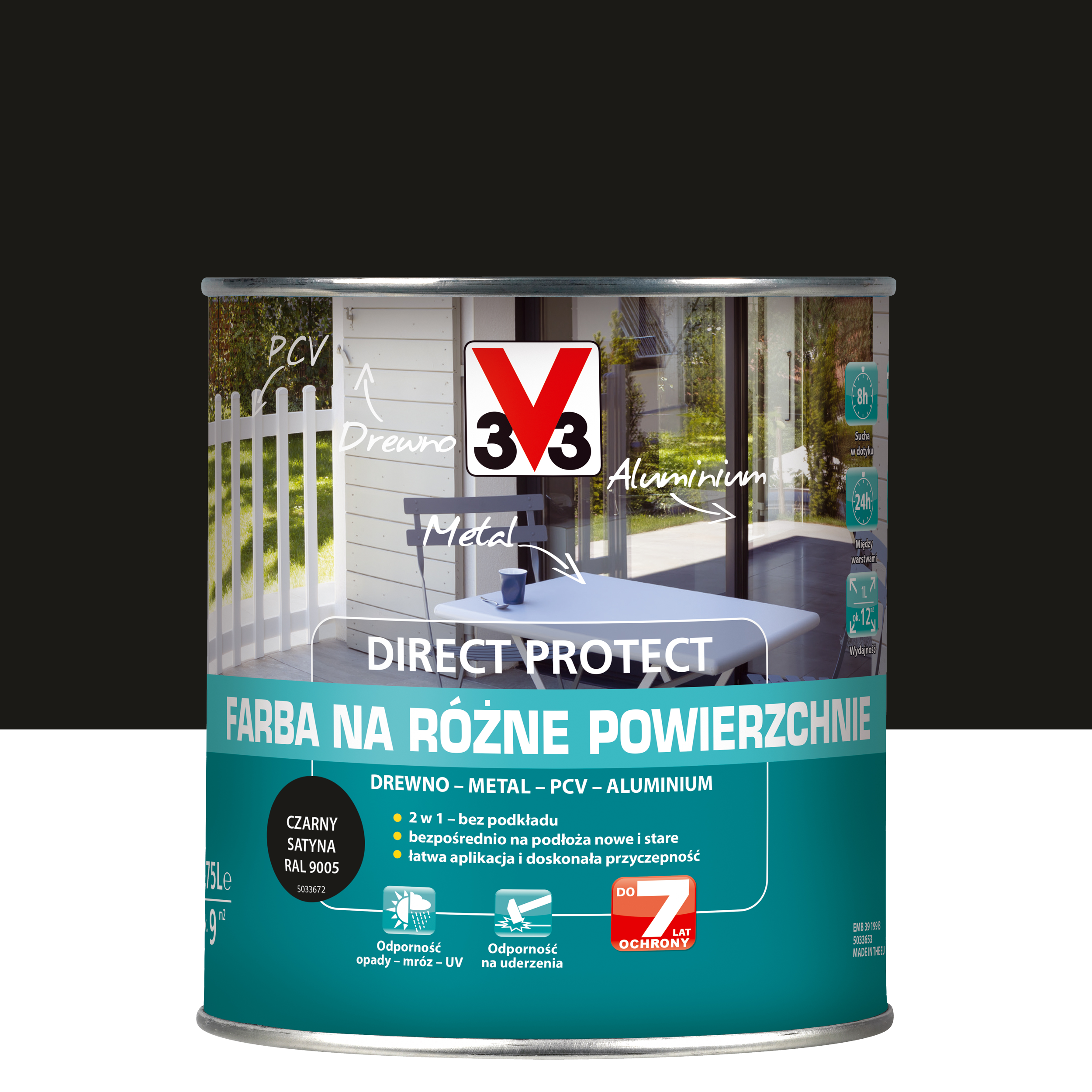 Farba zewnętrzna na różne powierzchnie czarna 0.75l Direct Protect 3V3