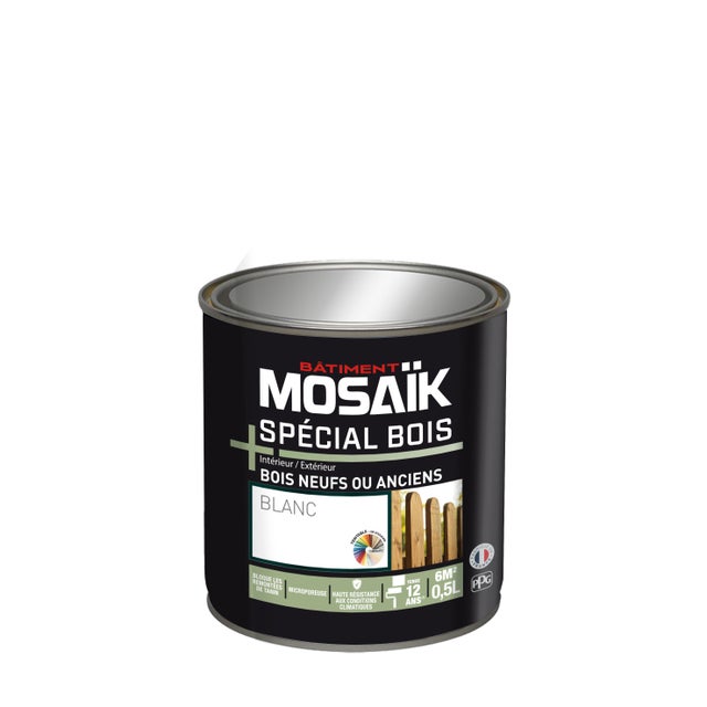 Peinture bois acrylique satin blanc 0,5 L - MOSAÏK