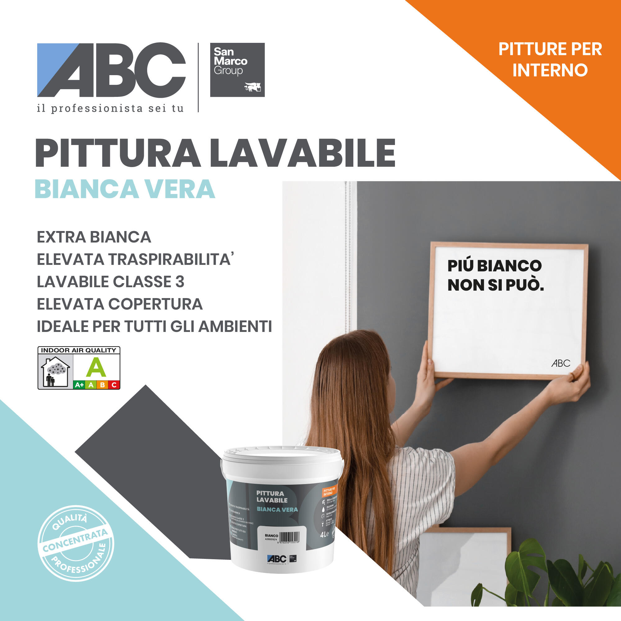 Pittura per interni per parete e soffitto lavabile, ABC Pittura Lavabile Extra bianca bianco opaco, 4 lt - 2