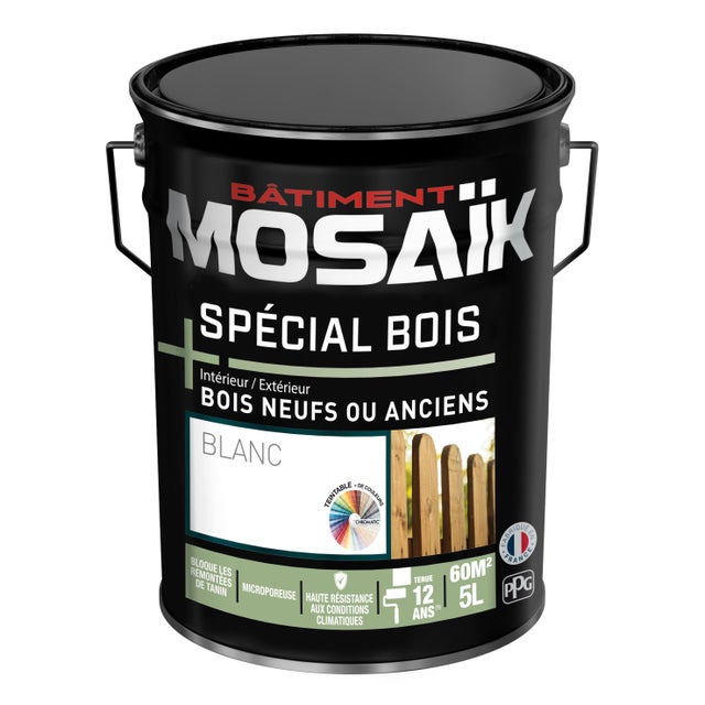 Peinture bois acrylique satin blanc 5 L - MOSAÏK