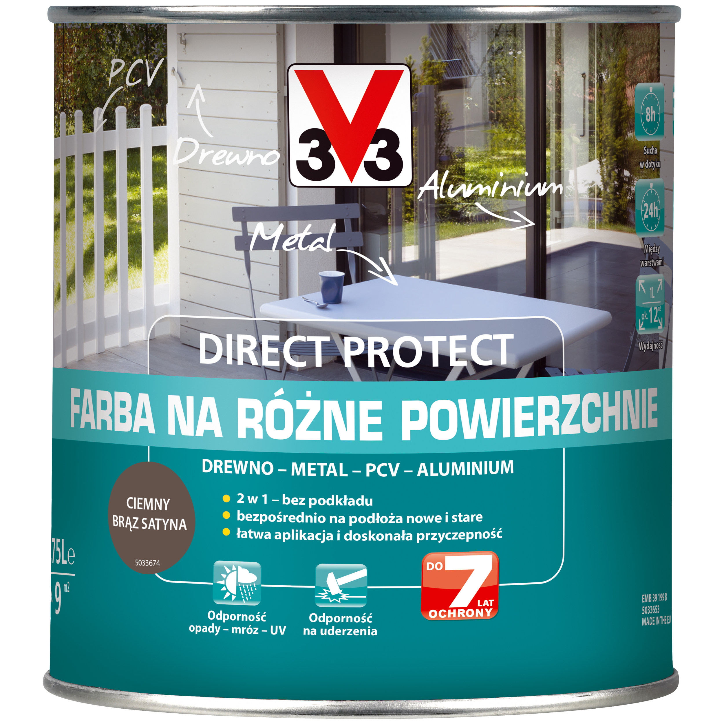 Farba zewnętrzna na różne powierzchnie ciemny brąz 0.75l Direct Protect 3V3 - 3