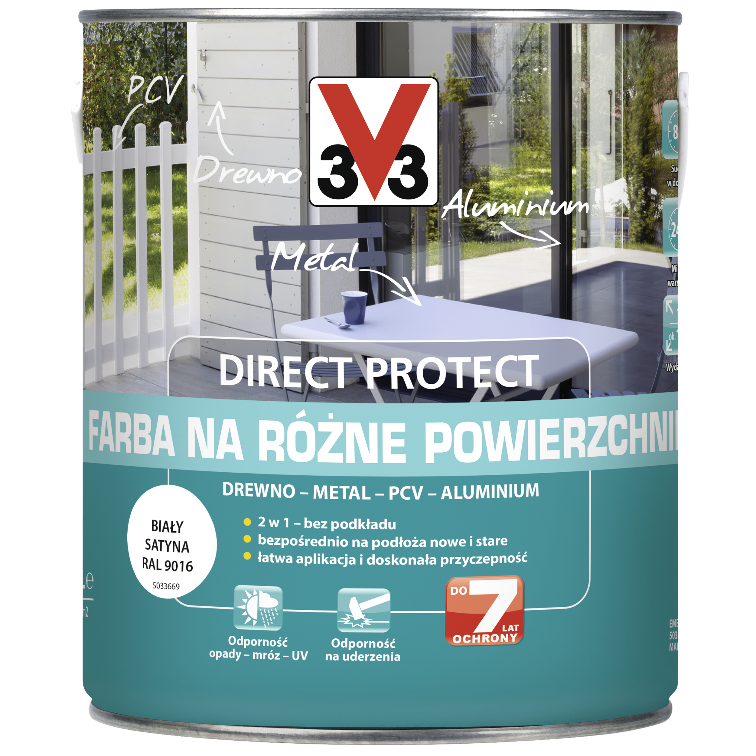 Farba zewnętrzna na różne powierzchnie biała 2.5l Direct Protect 3V3