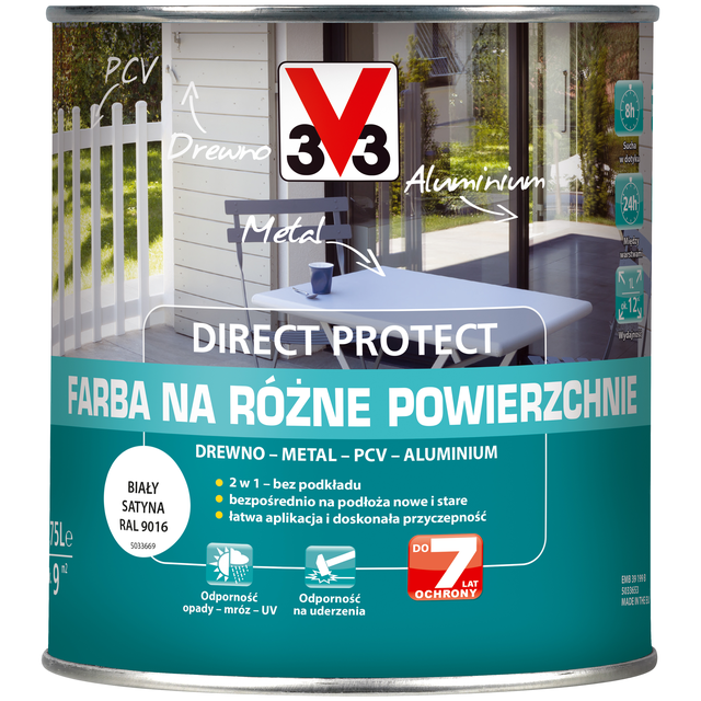 Farba zewnętrzna na różne powierzchnie biała 0.75l Direct Protect 3V3