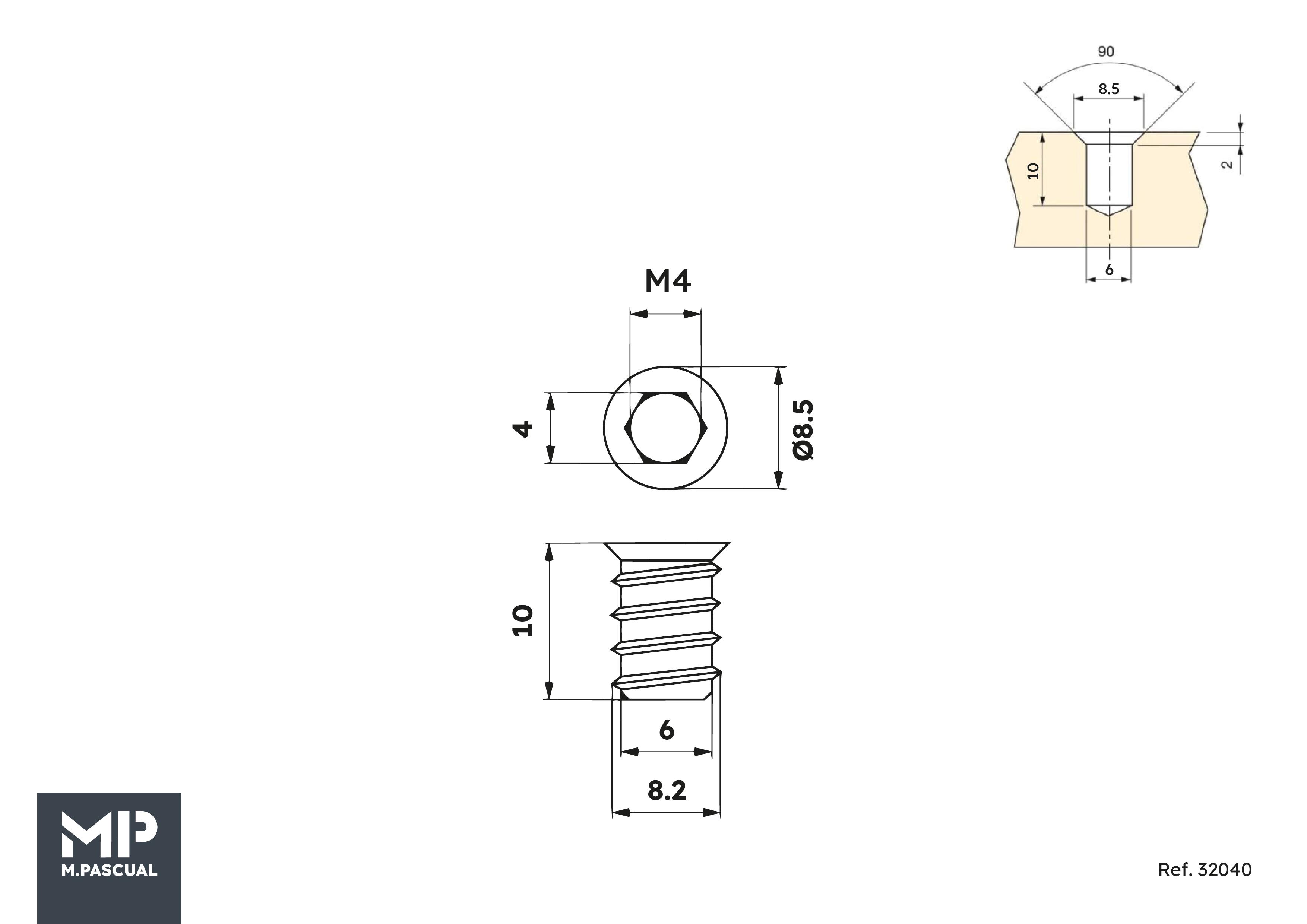 4 porcas de embutir DUPLA ROSCA M4 - 4