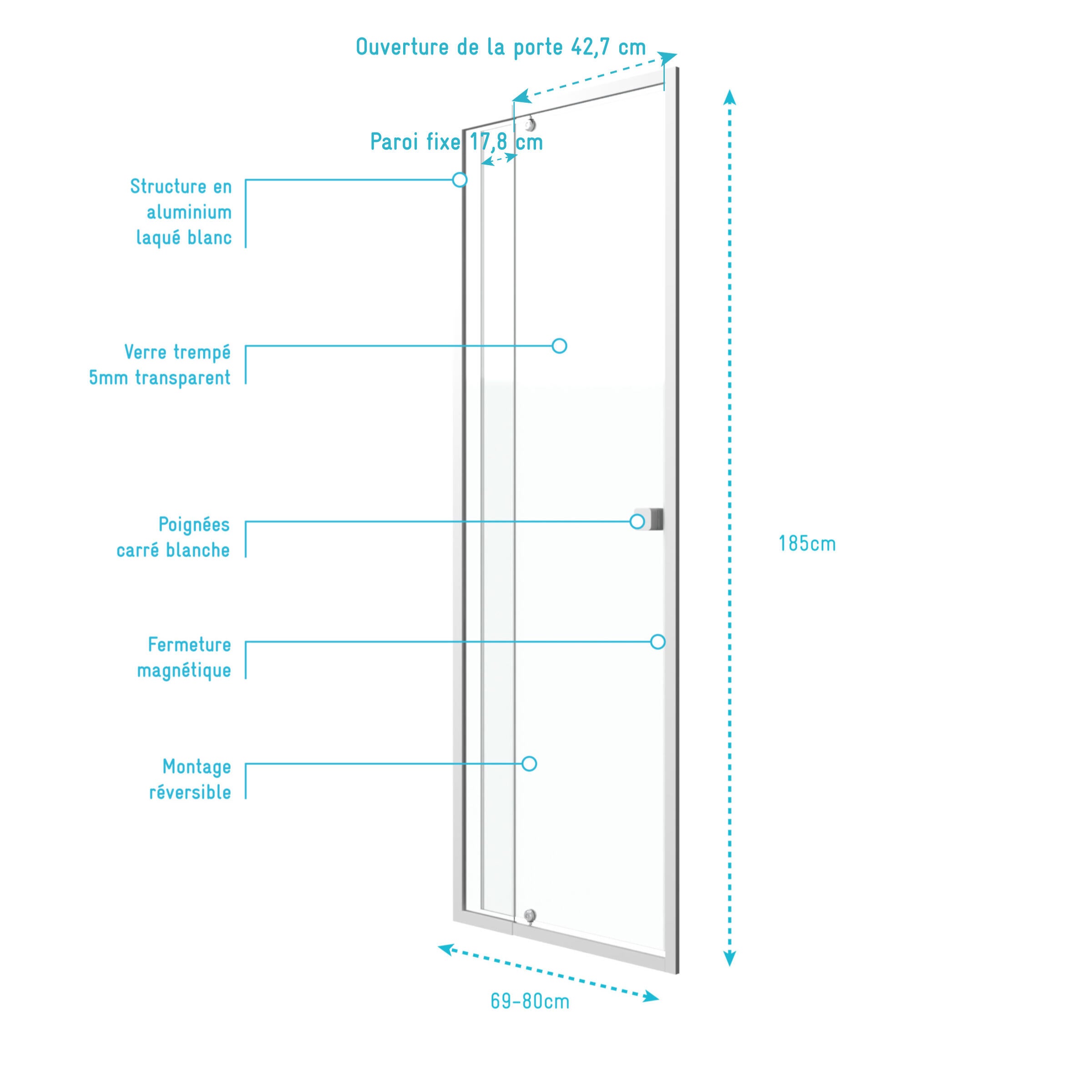 Paroi de douche pivotante blanche L.70-80 x H.185 cm verre trempé transparent Ep.5 mm - Spot - 3