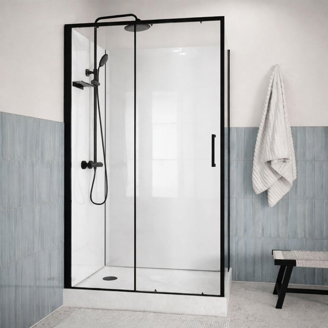 Cabine de douche 90x115cm, porte coulissante, noire, receveur haut, Zephyr