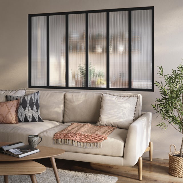 Verrière Atelier en alu noir sablé 6 vitrages flûtés inclus, H.108 x l.183 cm