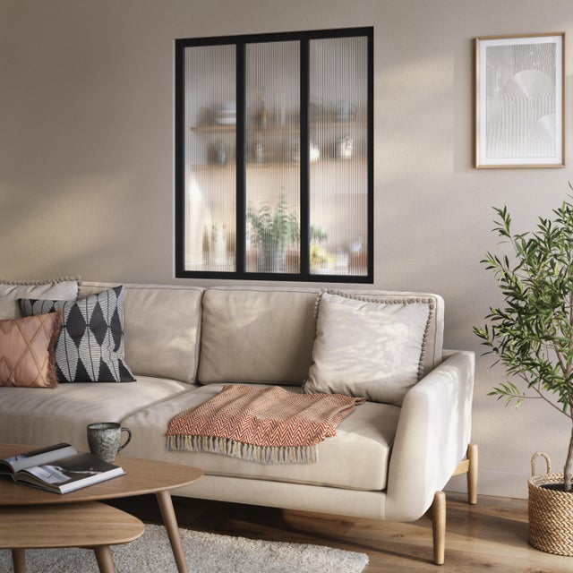 Verrière Atelier en alu noir sablé 3 vitrages flûtés inclus, H.130 x l.93 cm