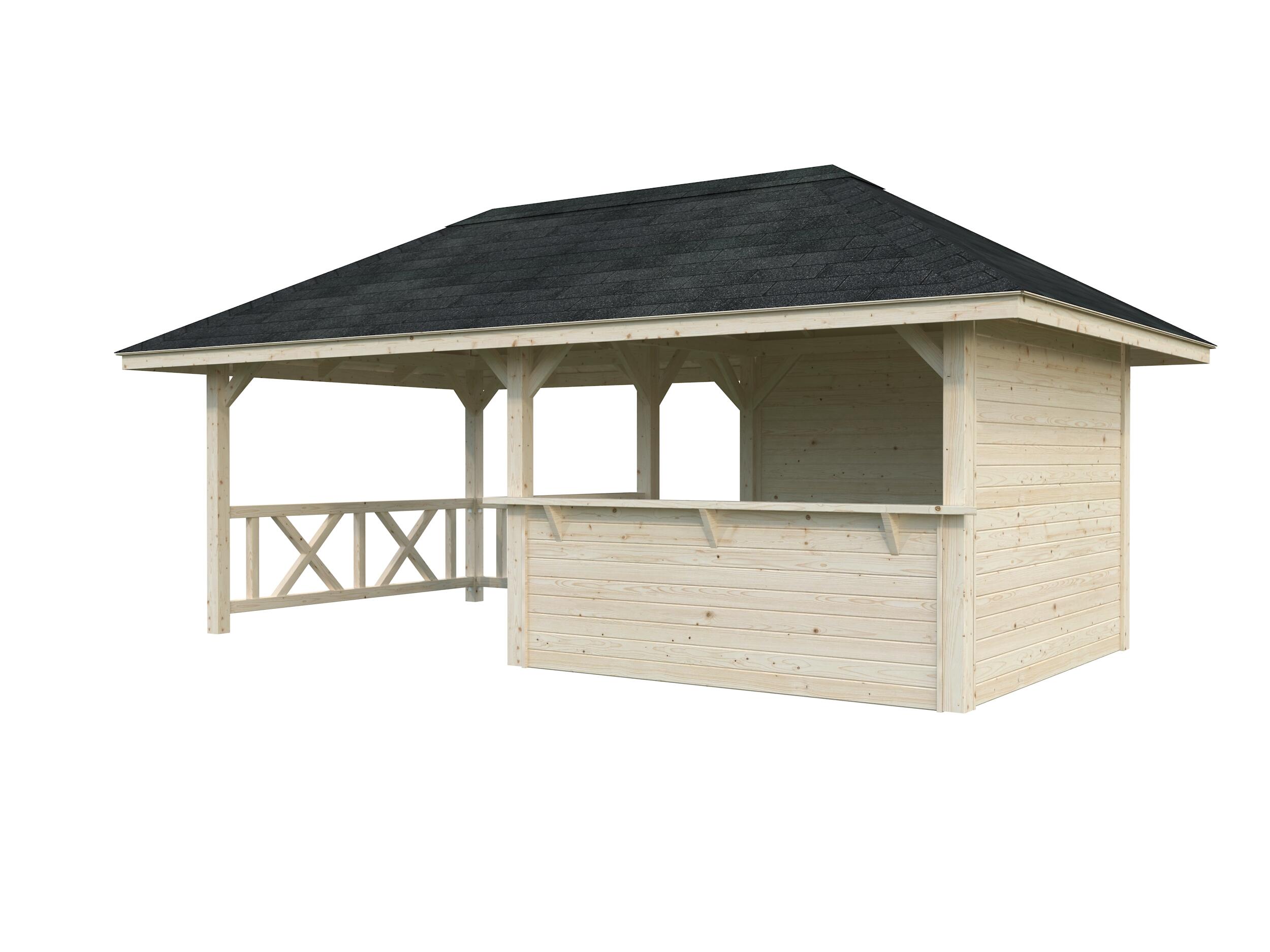 caseta de madera pabellon bianca 166 m2 set 110 de 672x319x384 cm y 1764 m2 con 28 mm espesor palmako