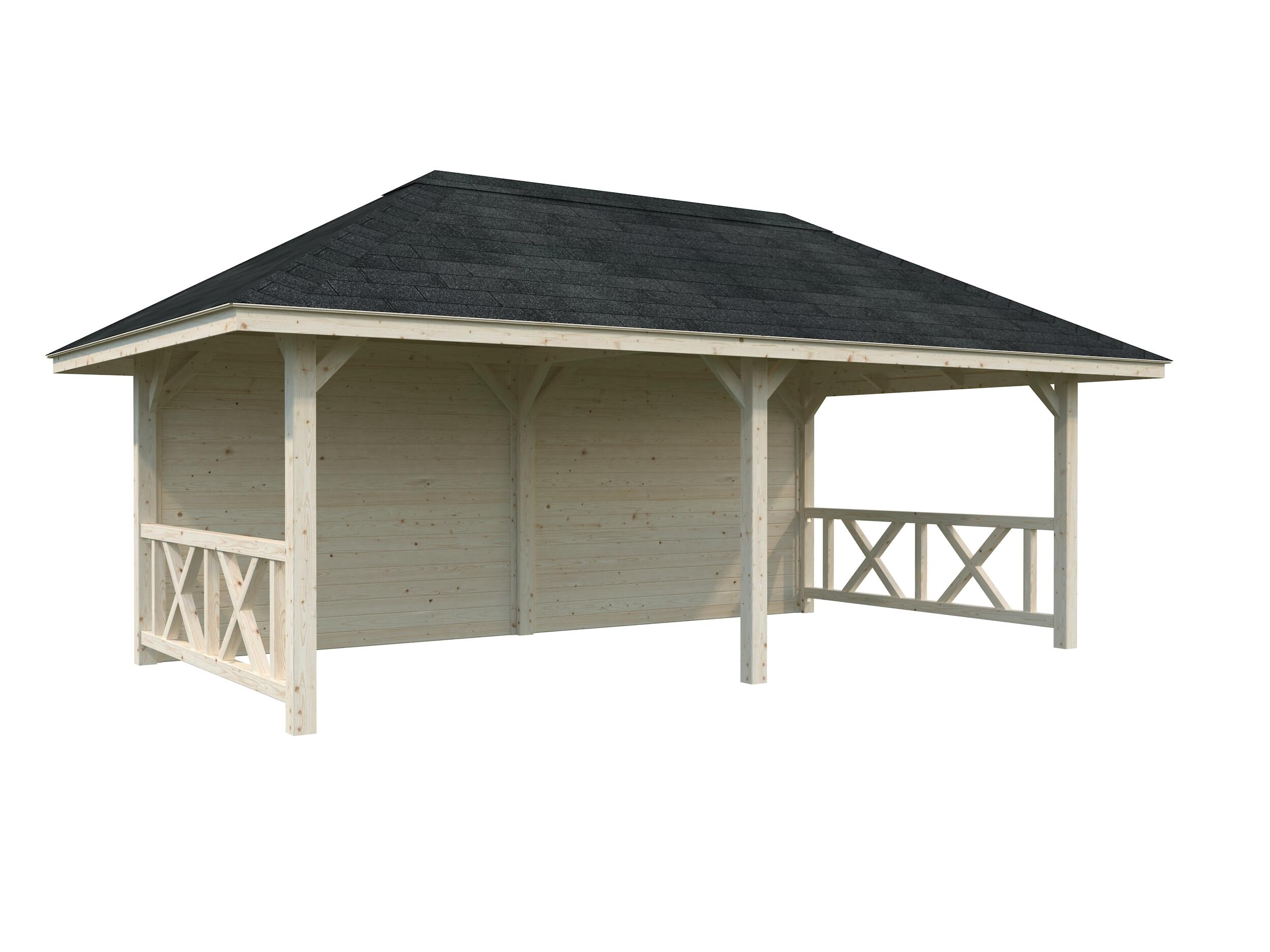 caseta de madera pabellon bianca 166 m2 set 108 de 672x319x384 cm y 1764 m2 con 28 mm espesor palmako