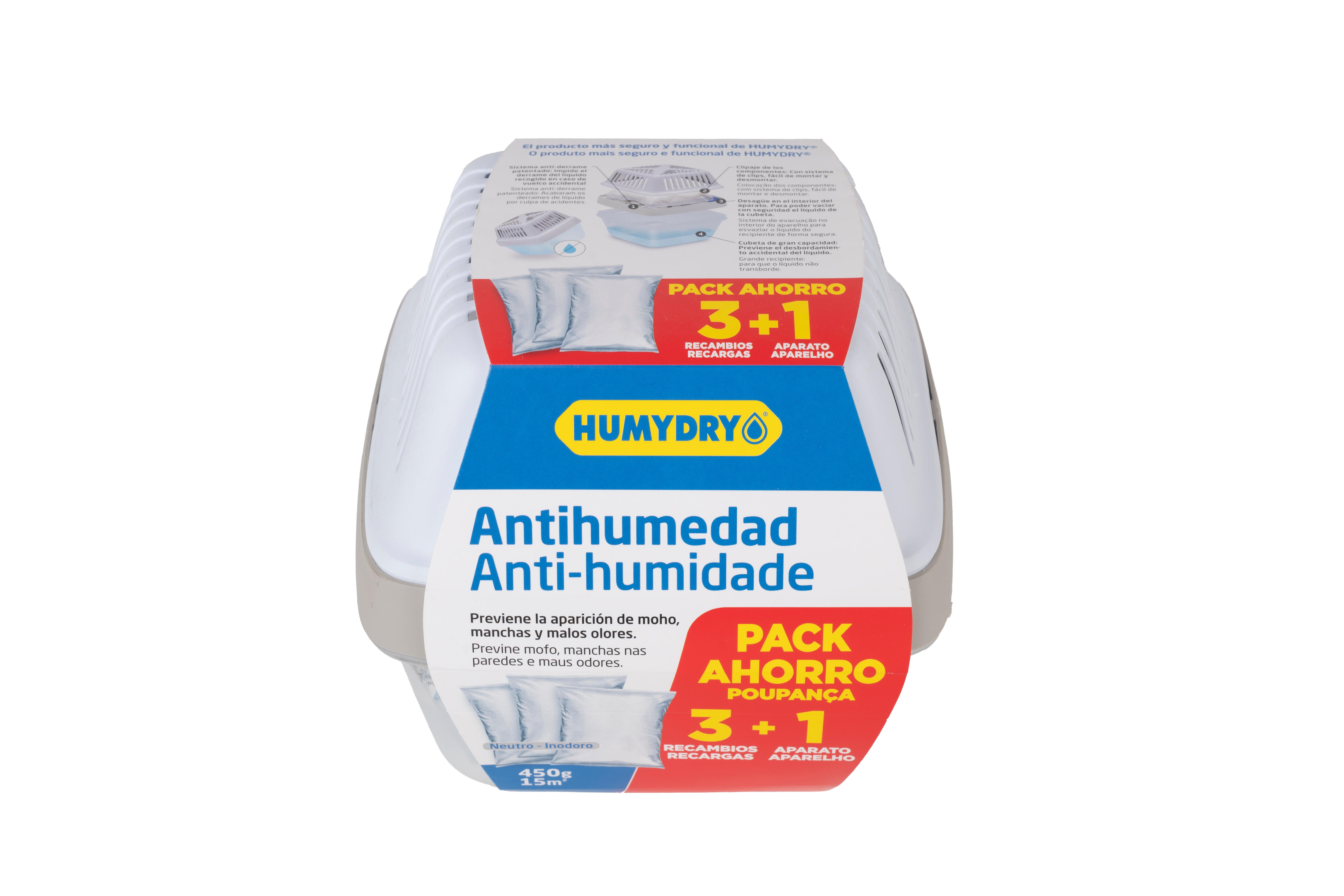 Kit de absorción de humedad  HUMYDRY 450 gr para uso en estancia hasta 15m2. Perfume neutro. 3 recargas en bolsa. Sistema anti vuelco. 18.4 x 15.9 x 18.4 cm. Vida útil 4 semanas. - 4