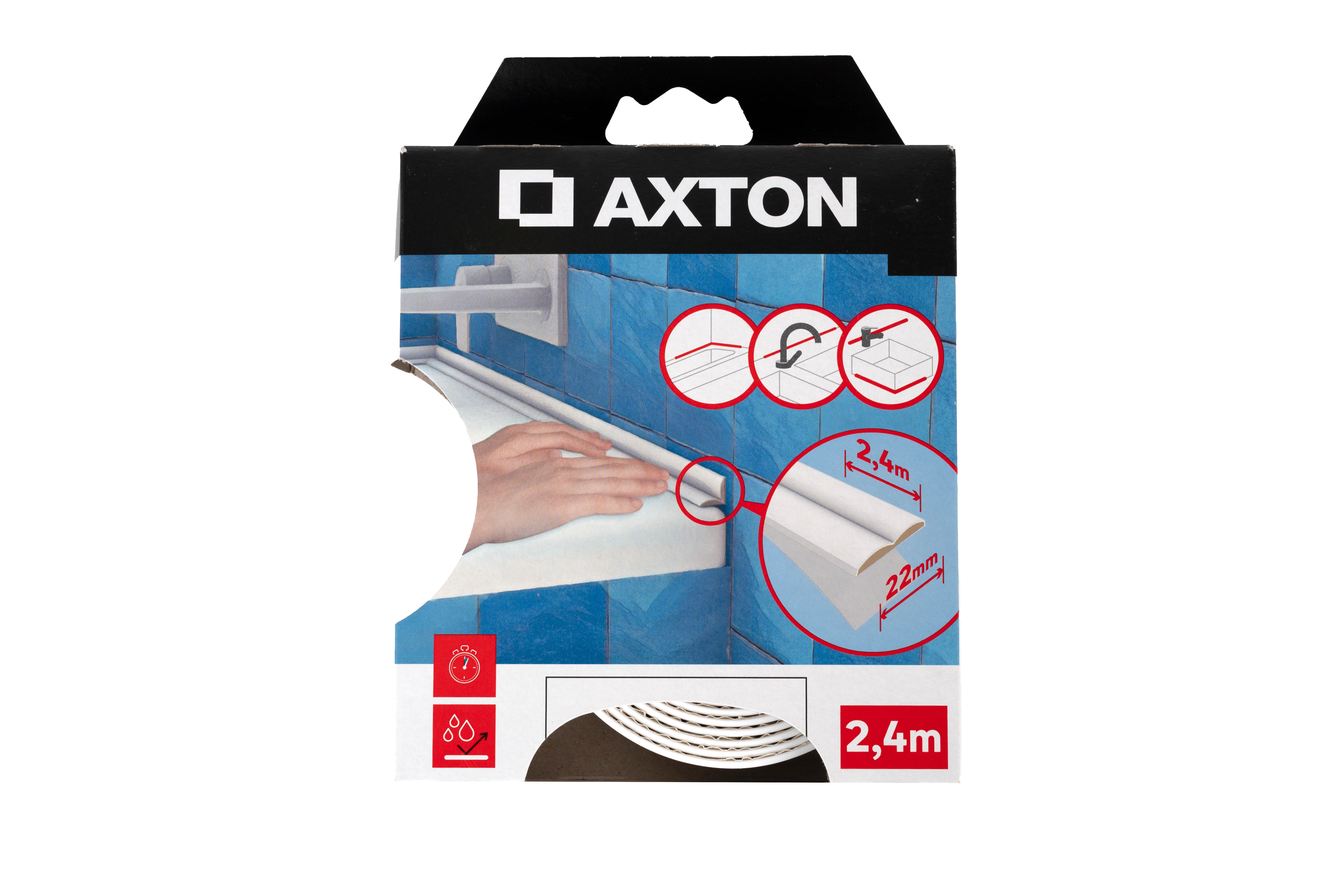 Cinta adhesiva de sellado para duchas y baños AXTON en color blanco, 22 mm de anchura x 2.4 m de longitud. Impide el paso del agua. Perfil junta D. Recortable. Tipo de instalación encolado. - 7