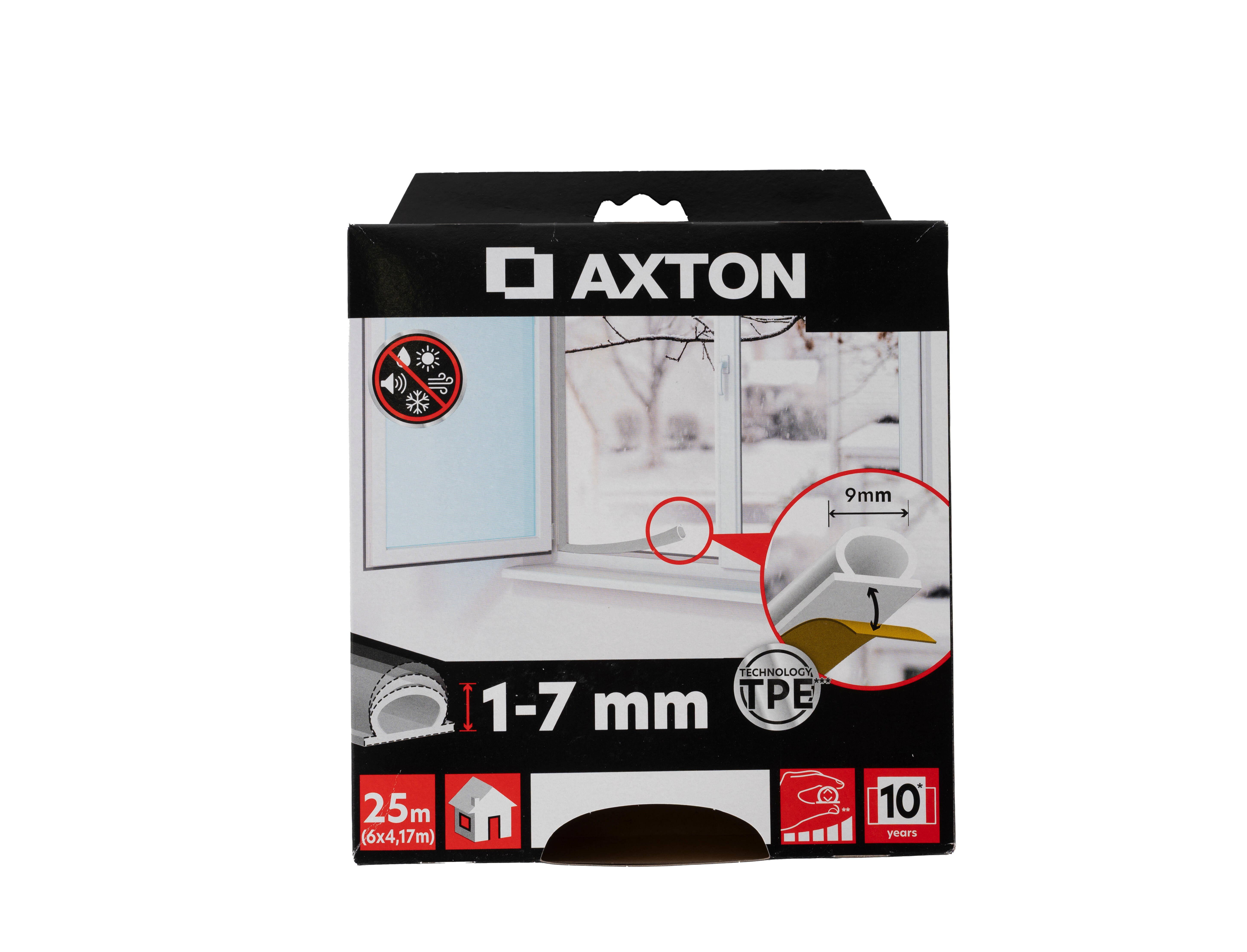 Burlete para ventanas y puertas AXTON adhesivo en color blanco,  9 mm de anchura x 25 m de longitud. Impide el paso del agua. Perfil junta O. Recortable. Tipo de instalación encolado. - 13