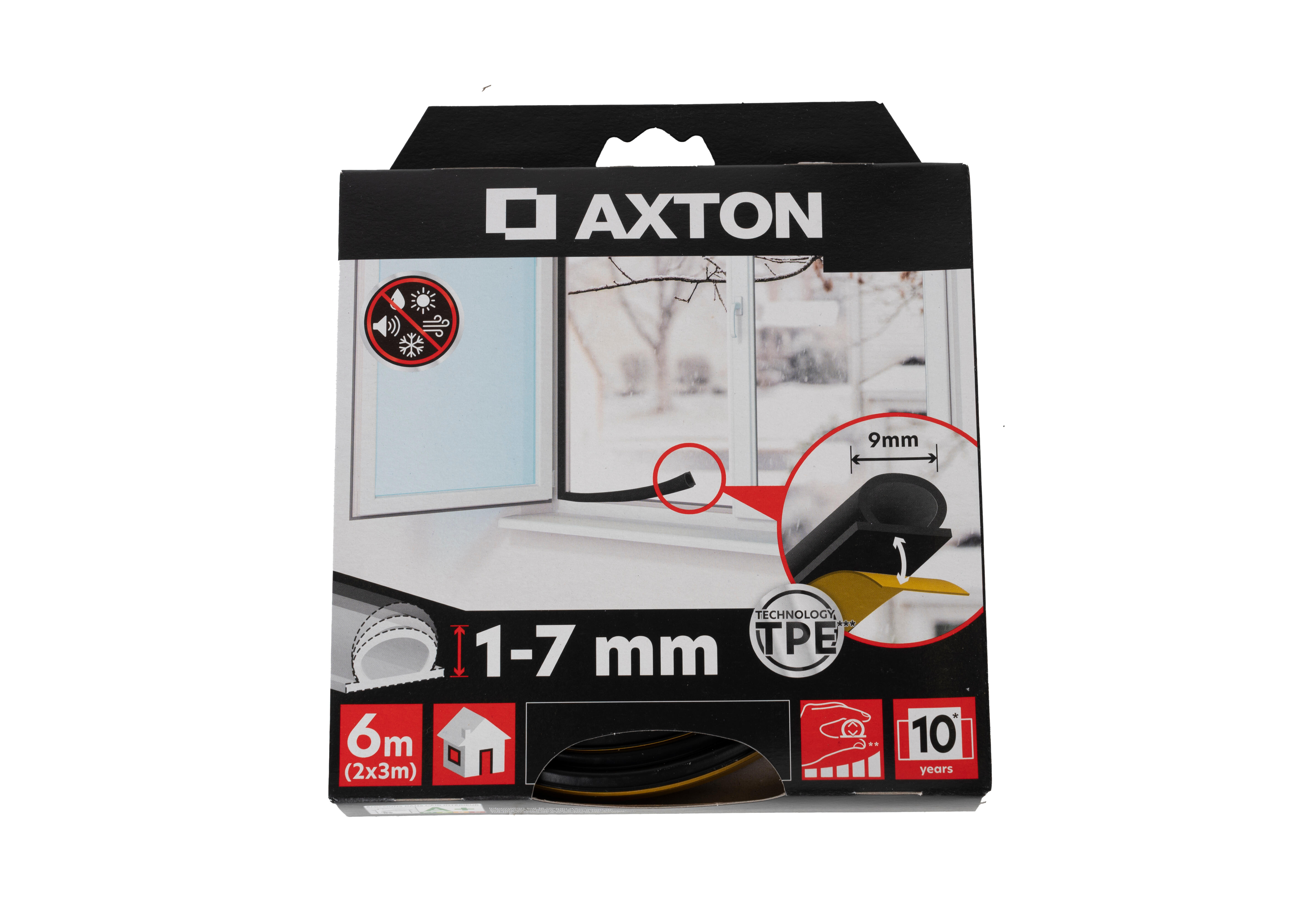 Burlete para ventanas y puertas AXTON adhesivo en color negro, 9 mm de anchura x 6 m de longitud. Impide el paso del agua. Perfil junta O. Recortable. Tipo de instalación encolado. - 11