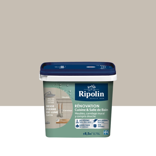 Peinture de rénovation meuble et carrelage beige pierre de lune satin pièce humide 0,75 L - RIPOLIN