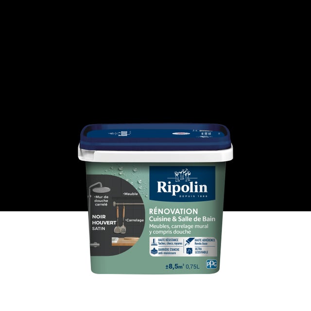 Peinture de rénovation meuble et carrelage noir houvert satin pièce humide 0,75 L - RIPOLIN