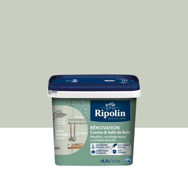Peinture de rénovation meuble et carrelage gris souris satin pièce humide 0,75 L - RIPOLIN