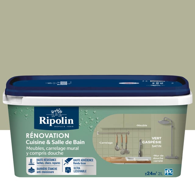 Peinture de rénovation meuble et carrelage vert gaspésie satin pièce humide 2 L - RIPOLIN