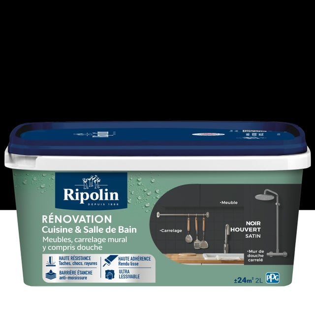 Peinture de rénovation meuble et carrelage noir houvert satin pièce humide 2 L - RIPOLIN