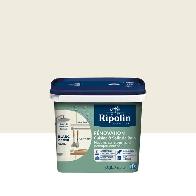 Peinture de rénovation meuble et carrelage blanc cassé satin pièce humide 0,75 L - RIPOLIN